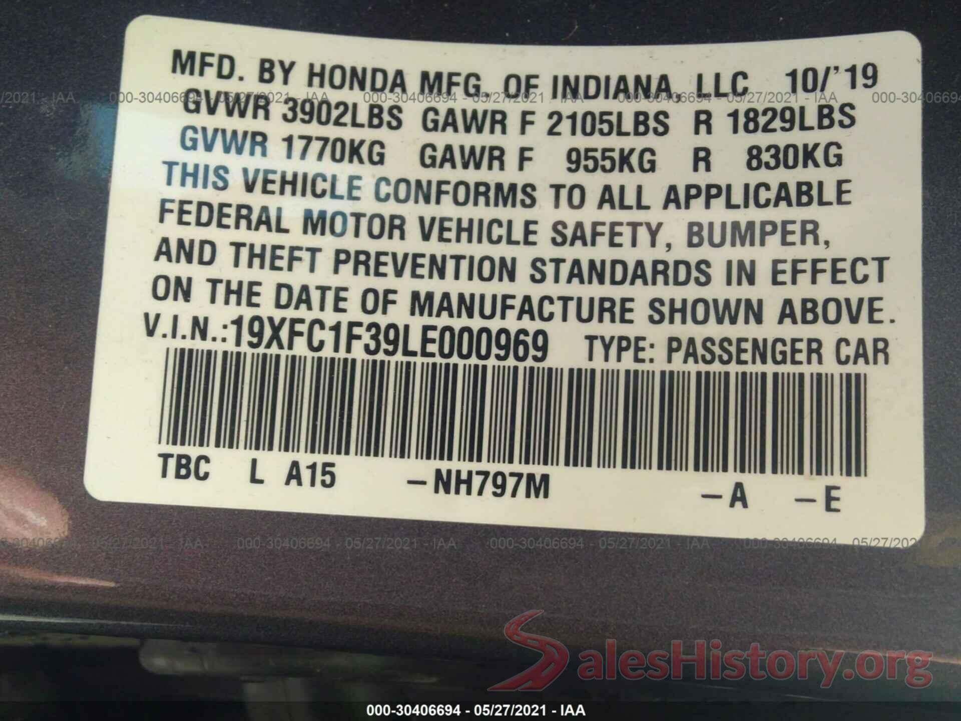 19XFC1F39LE000969 2020 HONDA CIVIC SEDAN