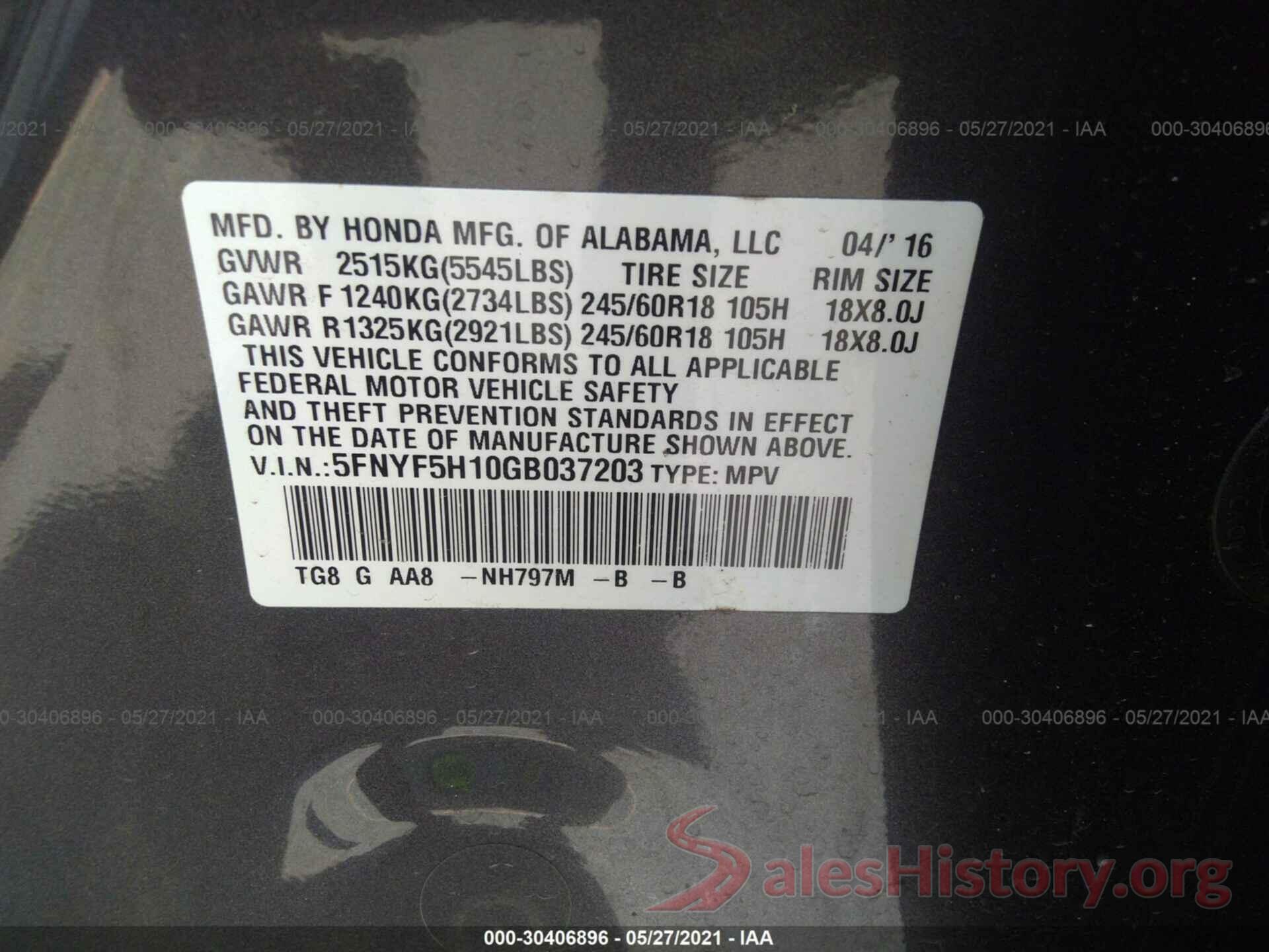 5FNYF5H10GB037203 2016 HONDA PILOT