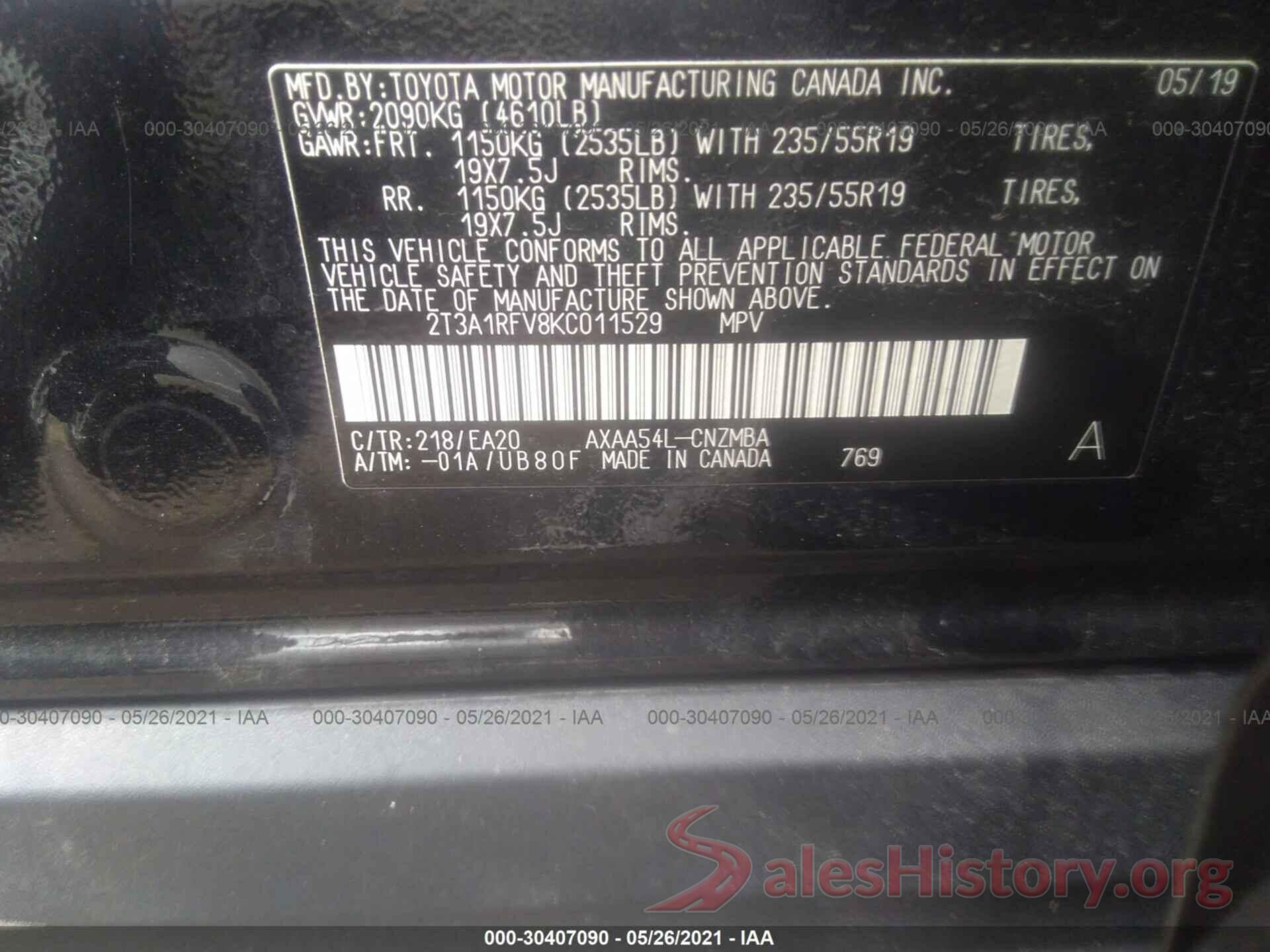 2T3A1RFV8KC011529 2019 TOYOTA RAV4