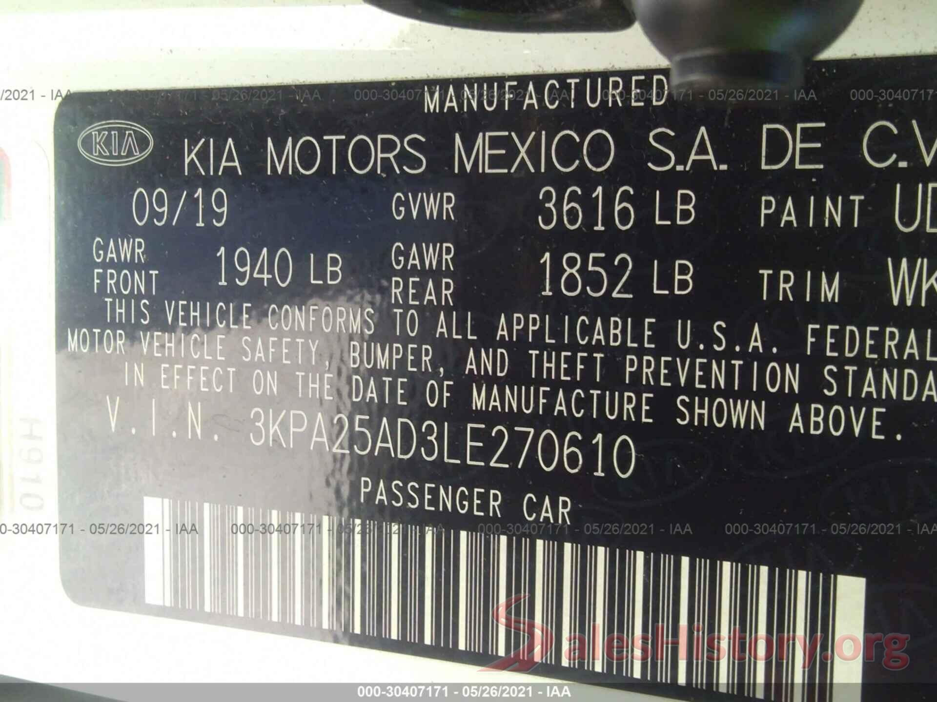 3KPA25AD3LE270610 2020 KIA RIO 5-DOOR