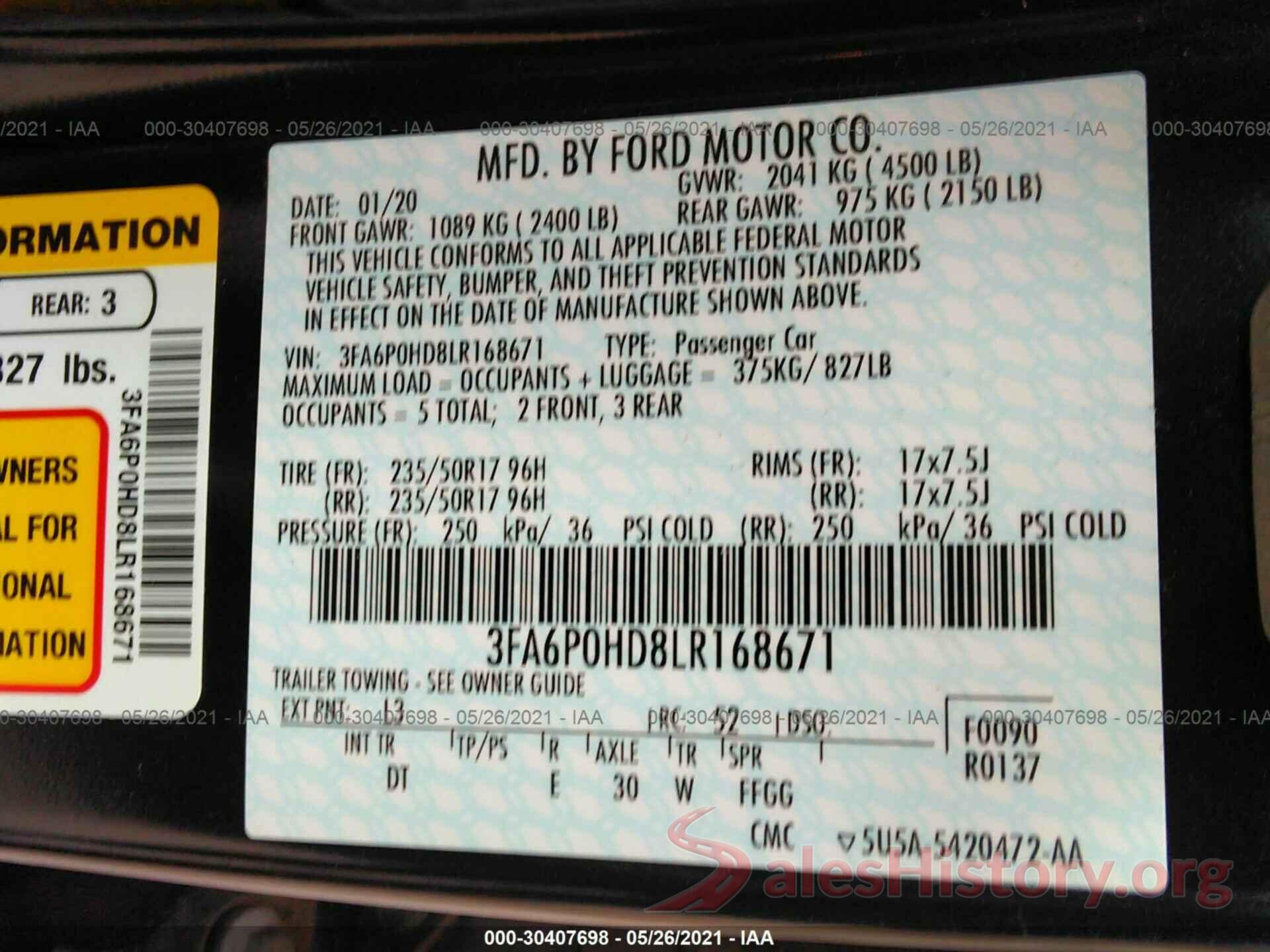 3FA6P0HD8LR168671 2020 FORD FUSION