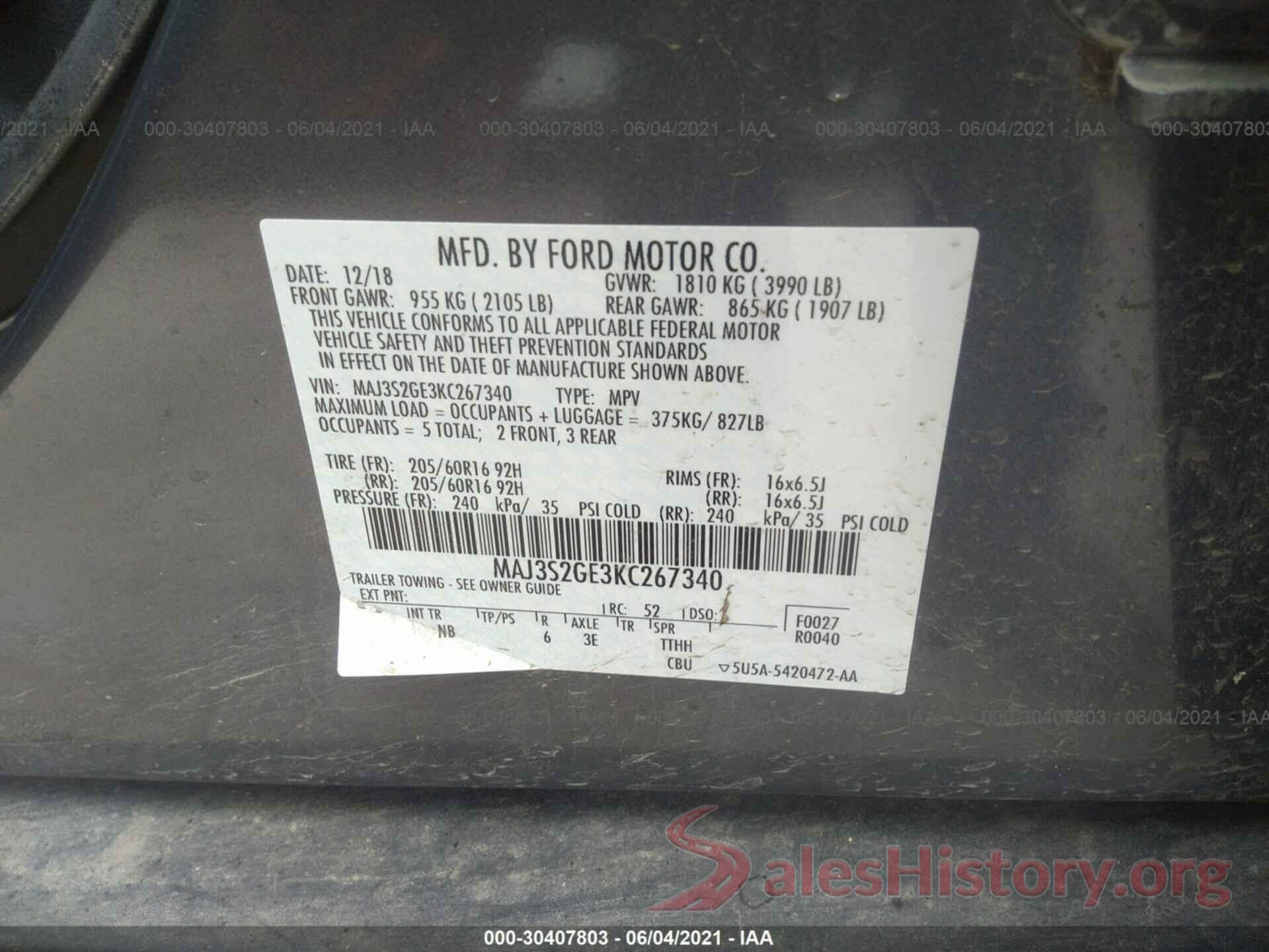 MAJ3S2GE3KC267340 2019 FORD ECOSPORT