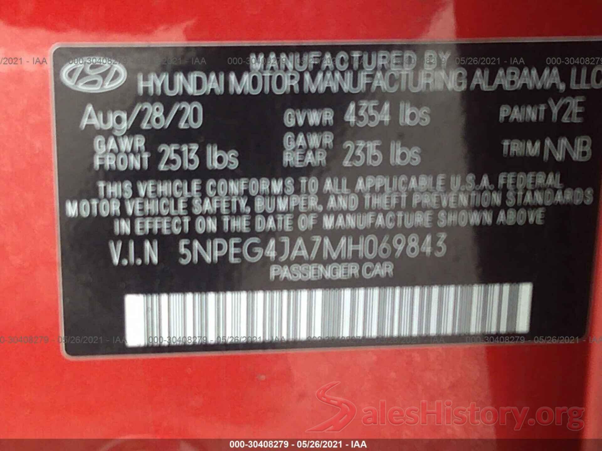 5NPEG4JA7MH069843 2021 HYUNDAI SONATA