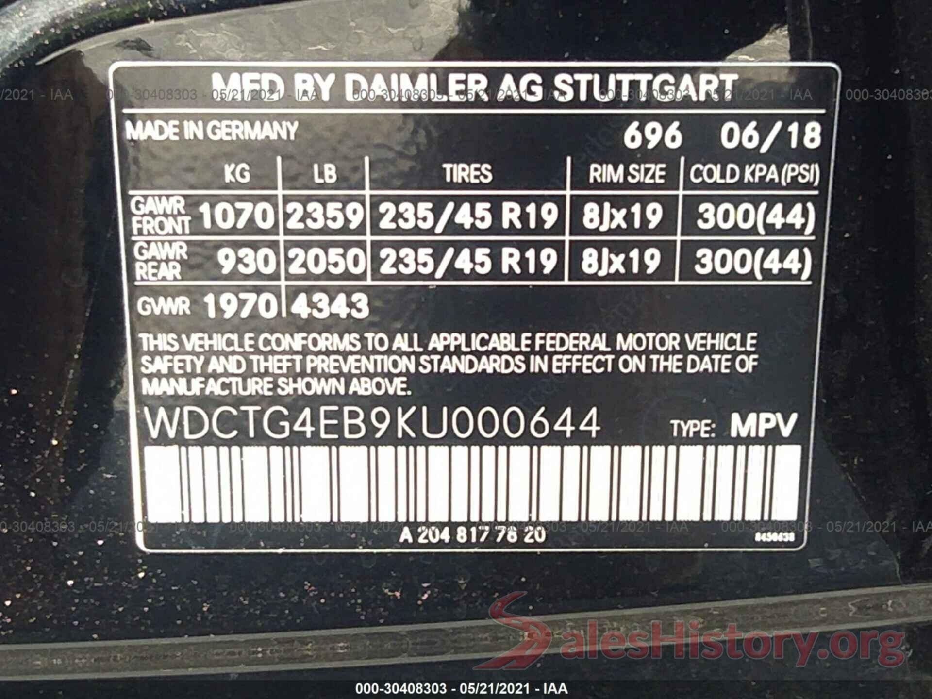 WDCTG4EB9KU000644 2019 MERCEDES-BENZ GLA