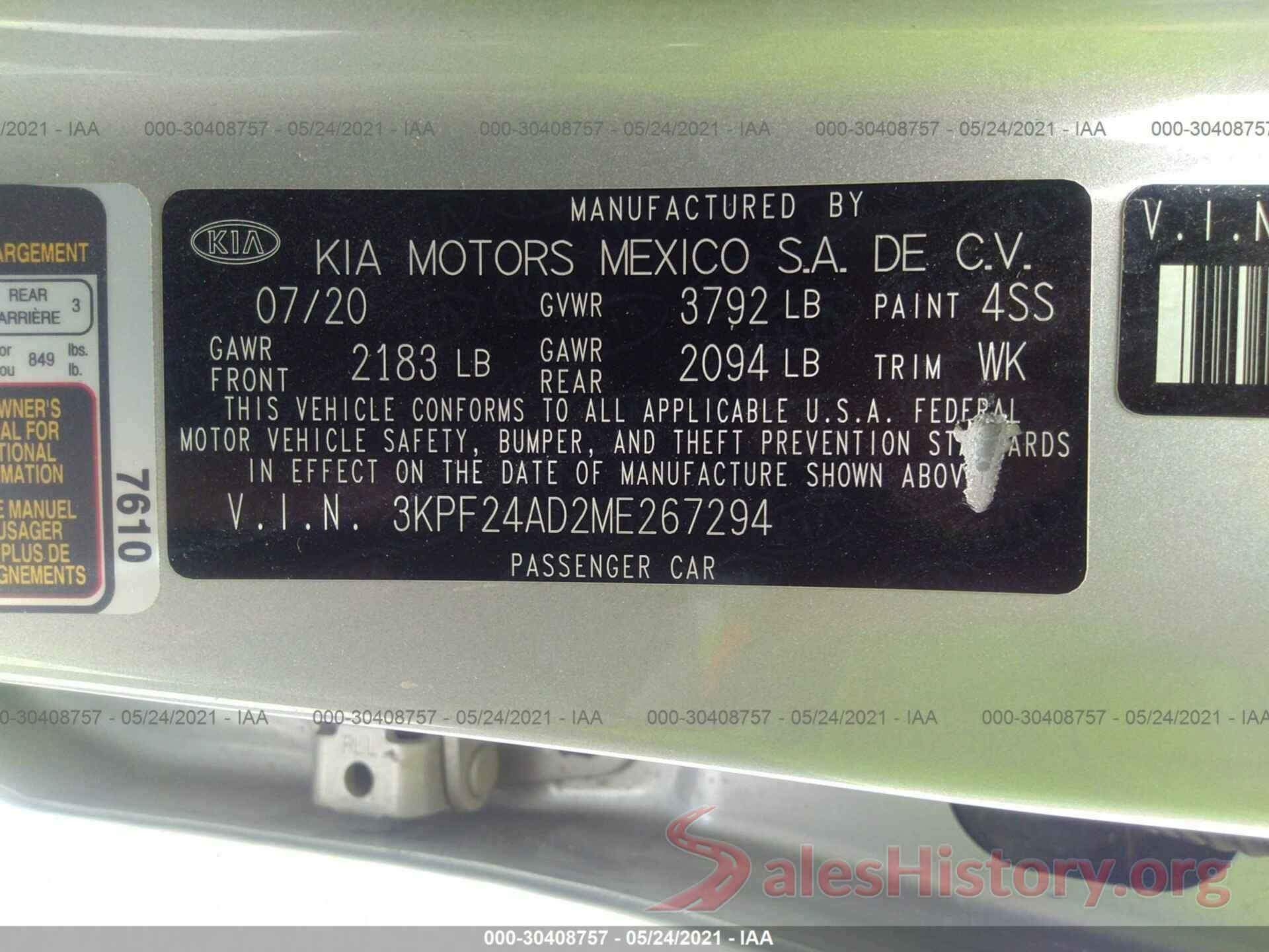 3KPF24AD2ME267294 2021 KIA FORTE