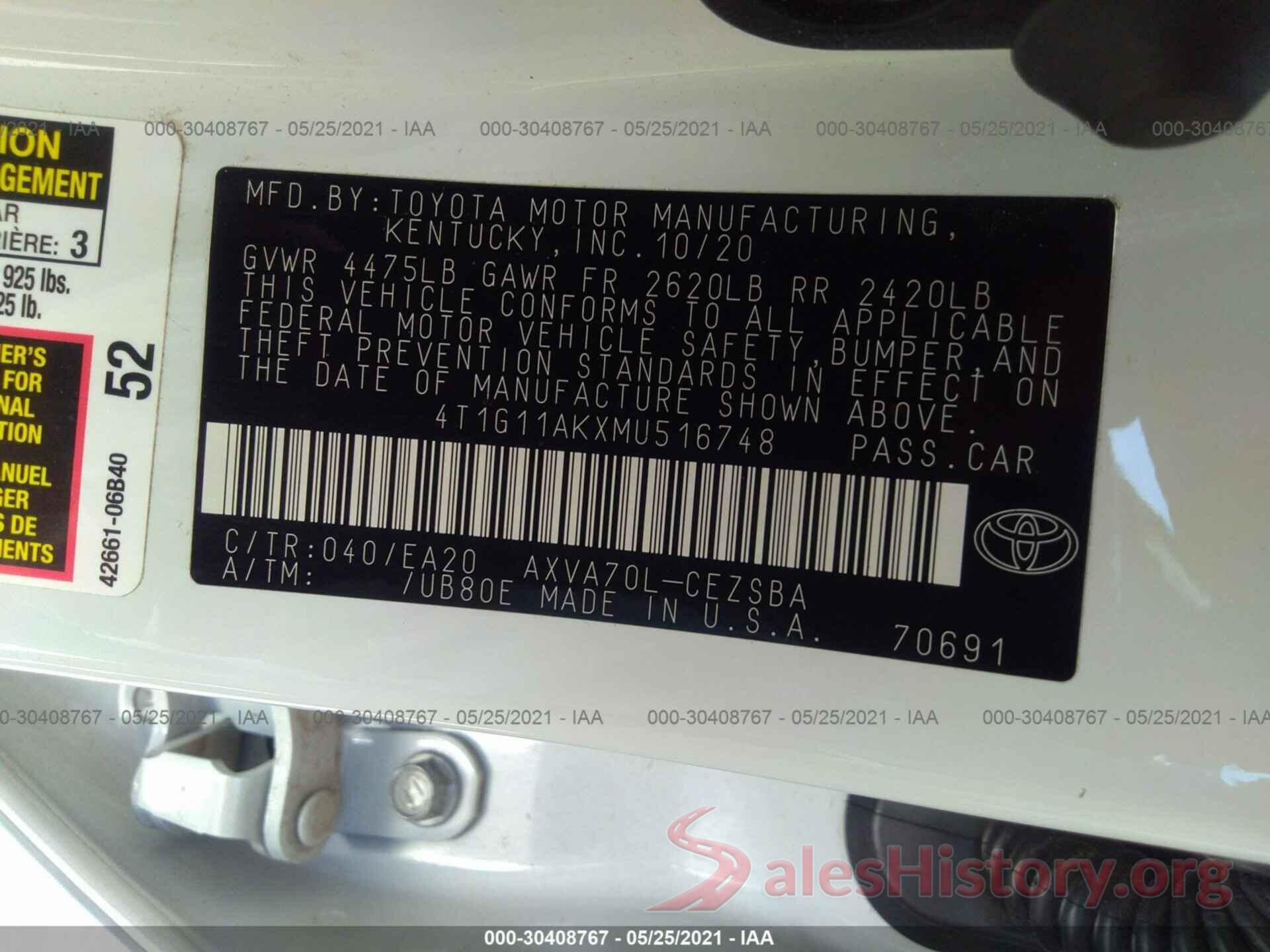 4T1G11AKXMU516748 2021 TOYOTA CAMRY