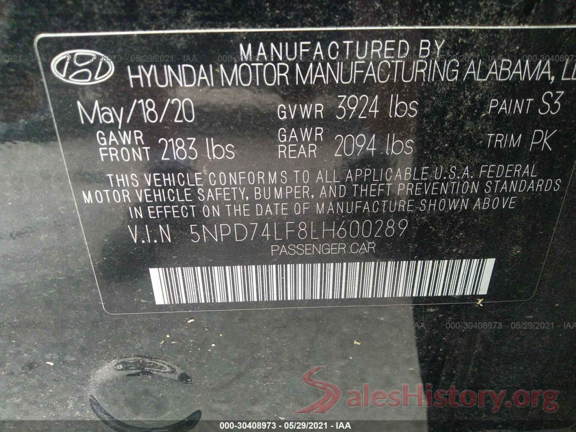 5NPD74LF8LH600289 2020 HYUNDAI ELANTRA