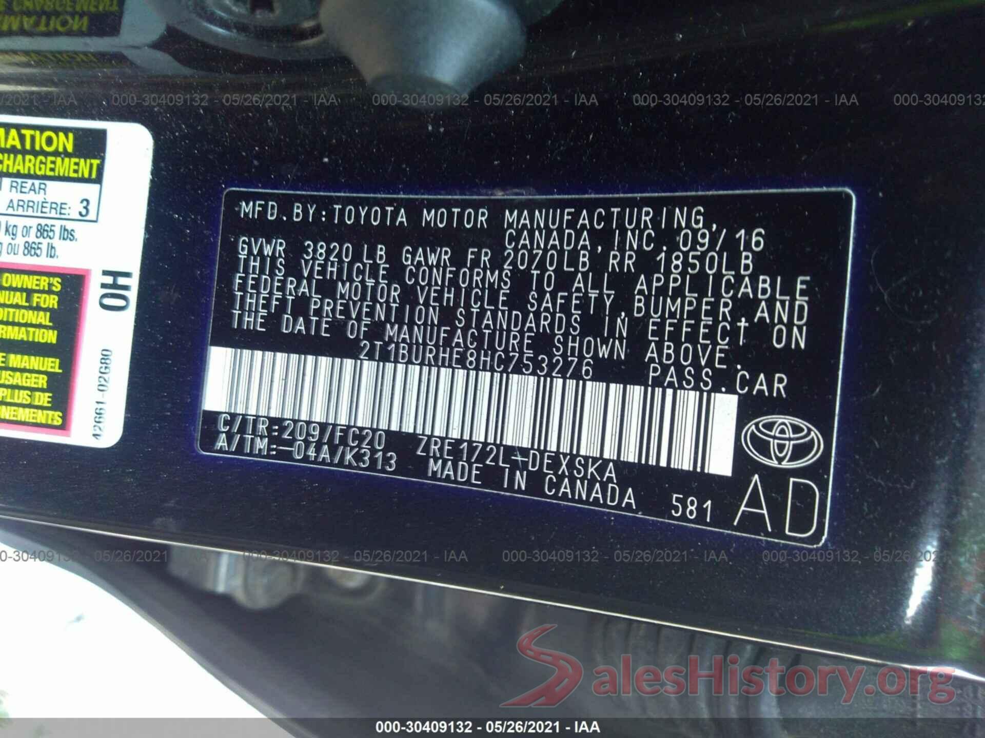 2T1BURHE8HC753276 2017 TOYOTA COROLLA