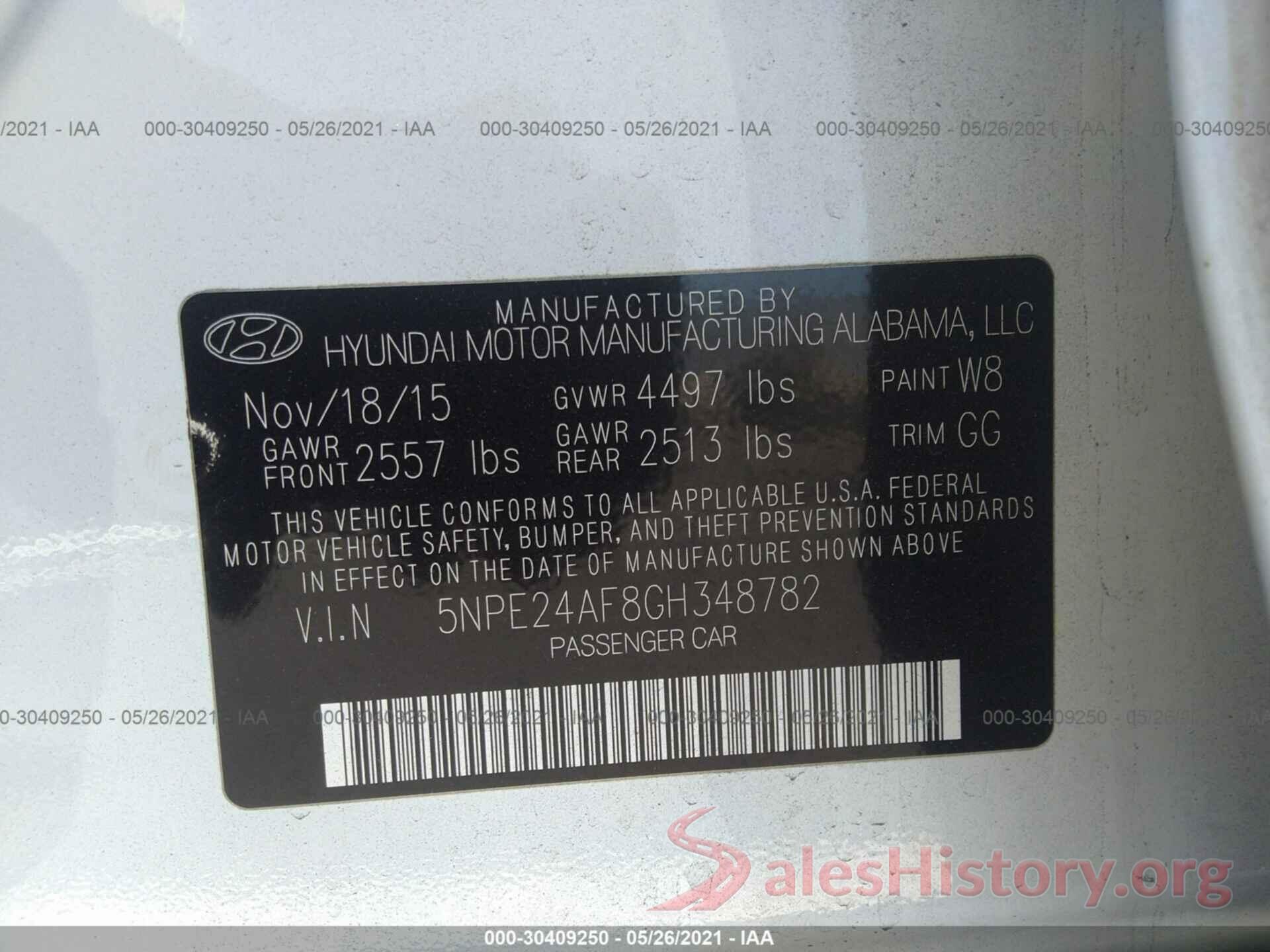 5NPE24AF8GH348782 2016 HYUNDAI SONATA