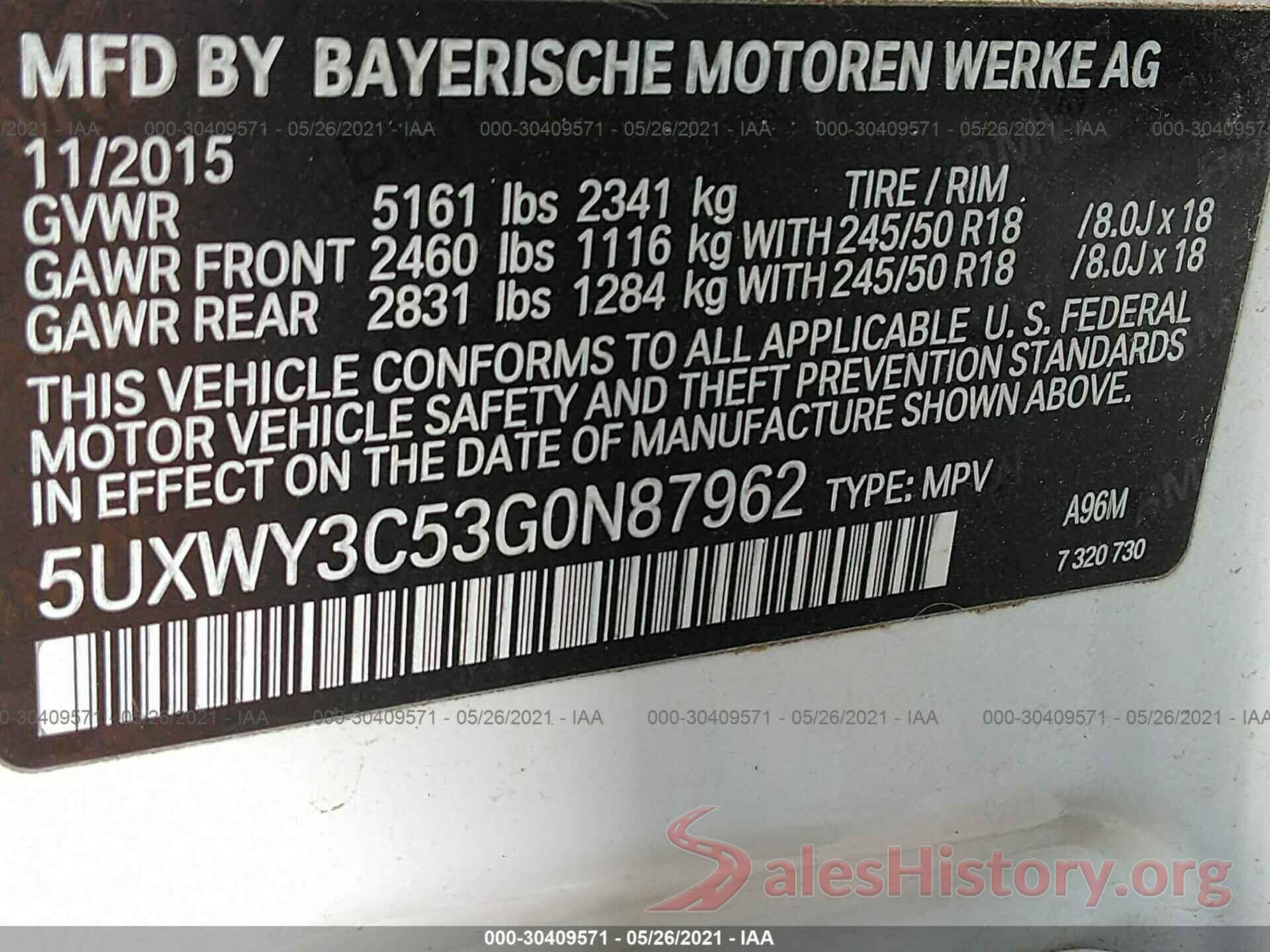 5UXWY3C53G0N87962 2016 BMW X3