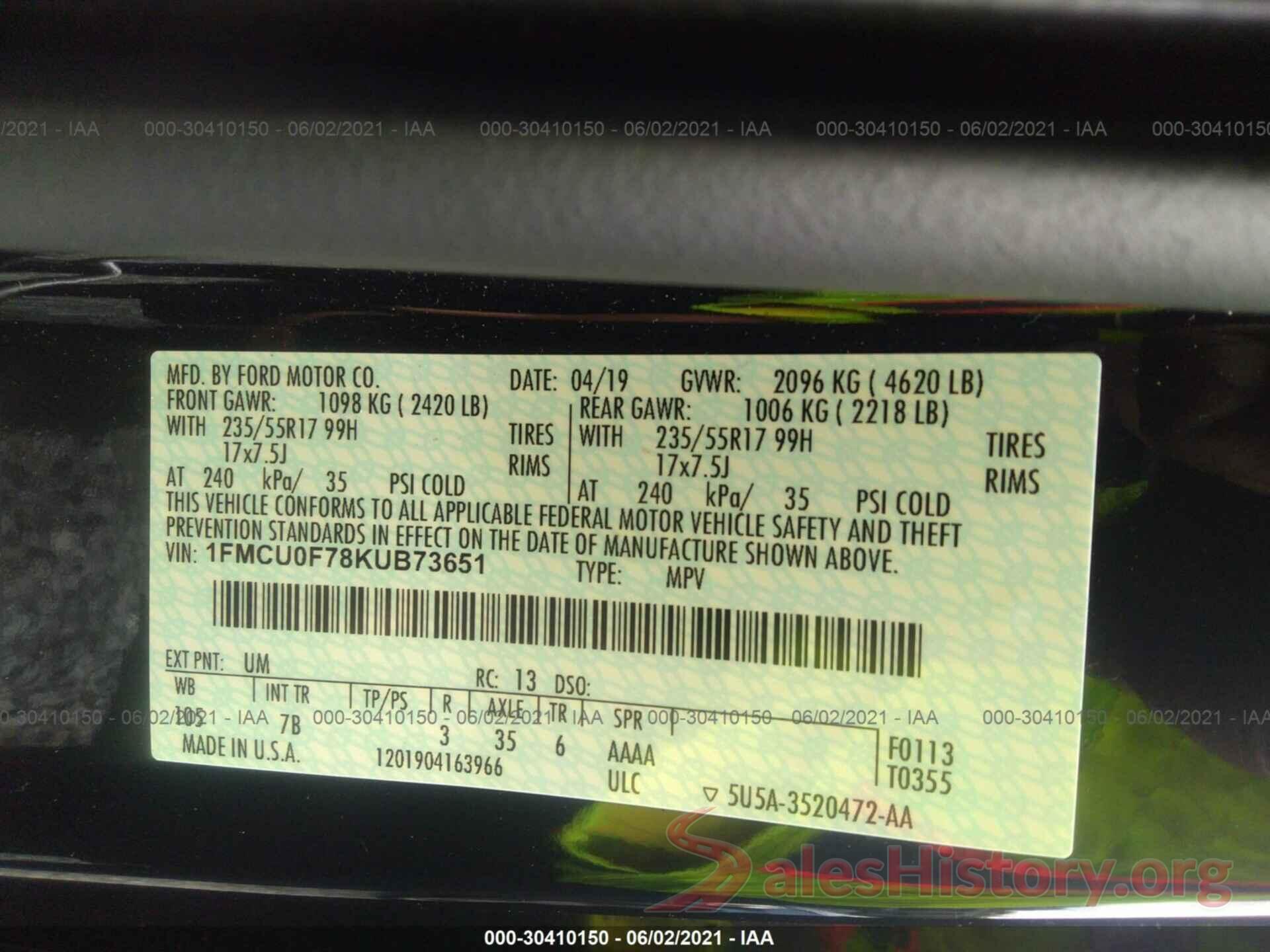 1FMCU0F78KUB73651 2019 FORD ESCAPE