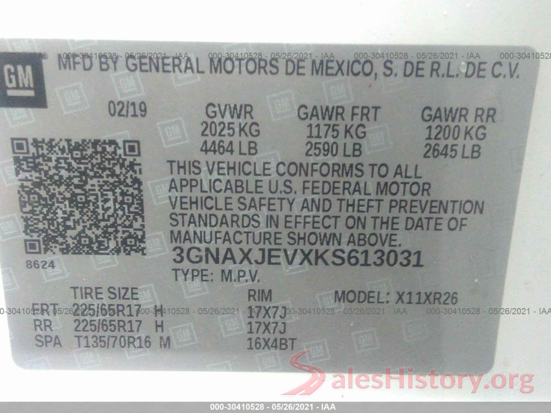 3GNAXJEVXKS613031 2019 CHEVROLET EQUINOX