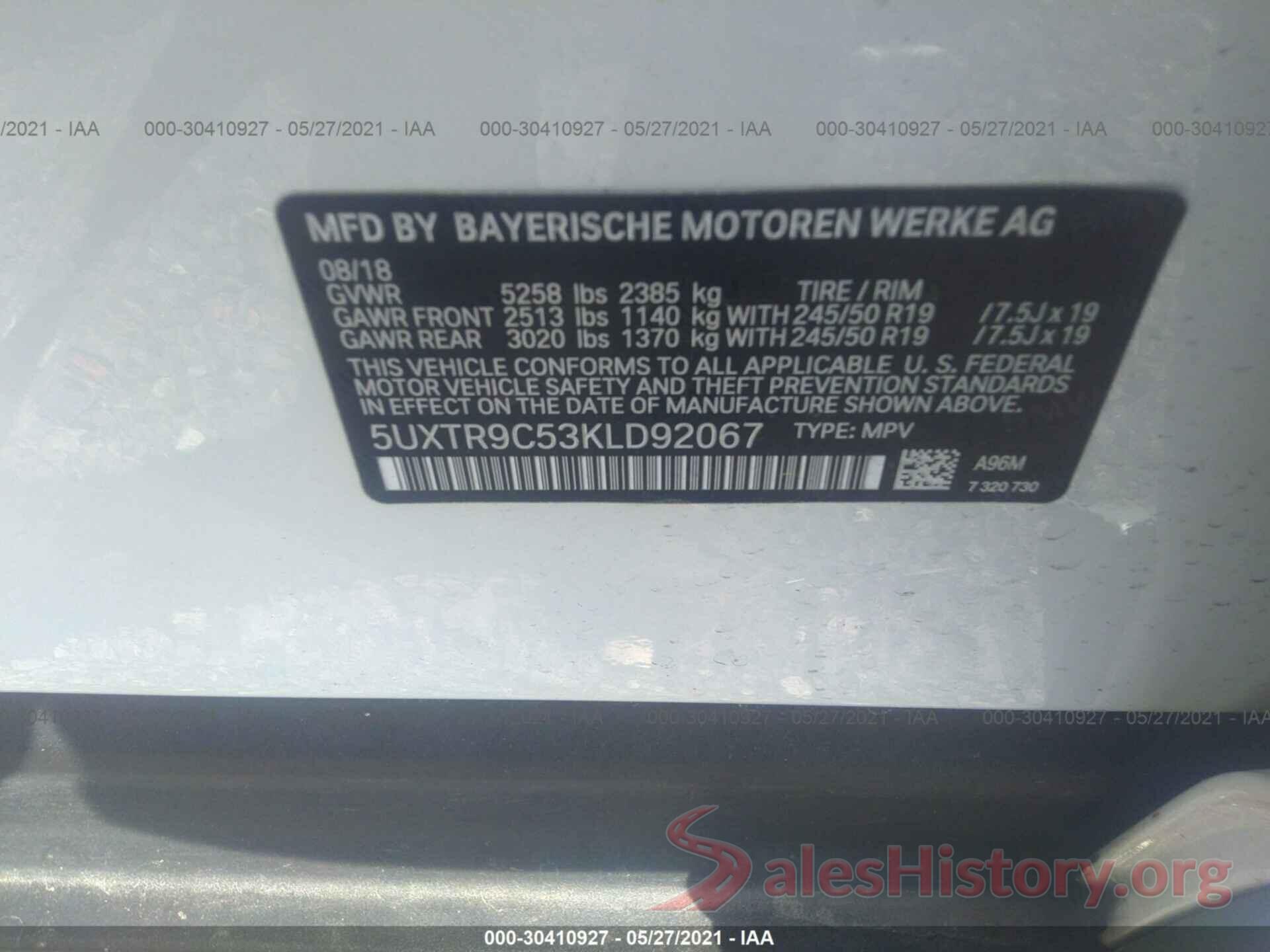 5UXTR9C53KLD92067 2019 BMW X3