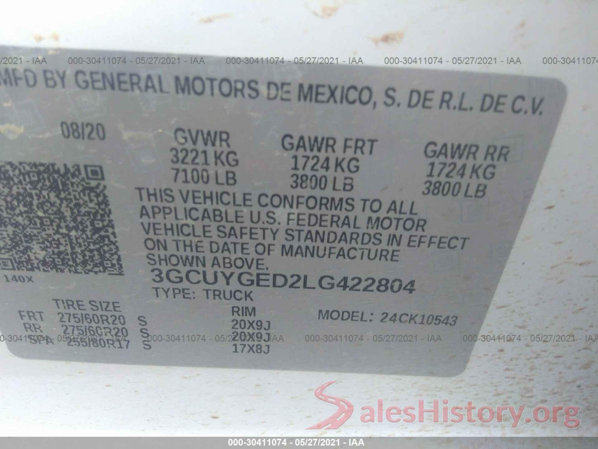 3GCUYGED2LG422804 2020 CHEVROLET SILVERADO 1500