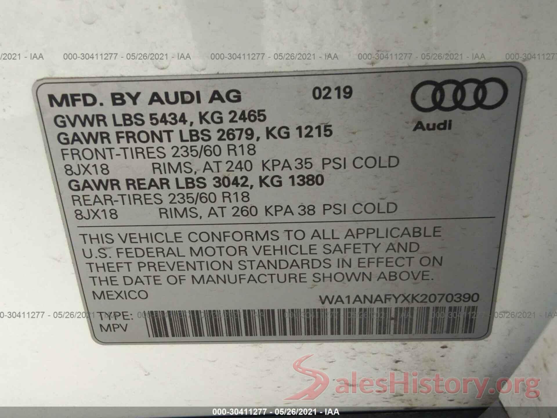 WA1ANAFYXK2070390 2019 AUDI Q5