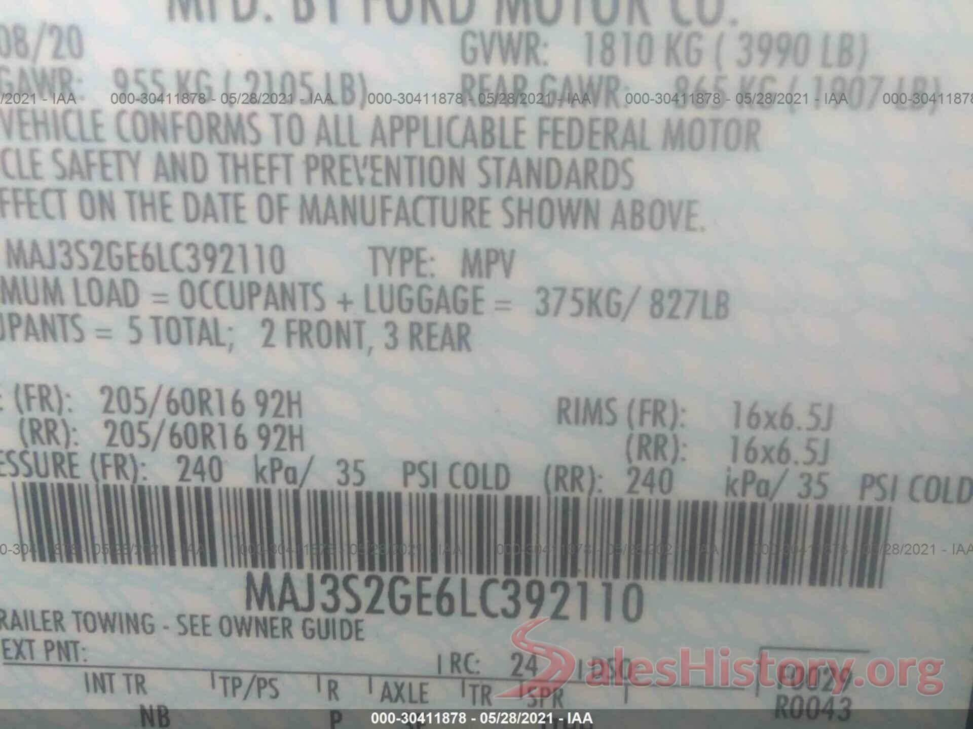 MAJ3S2GE6LC392110 2020 FORD ECOSPORT