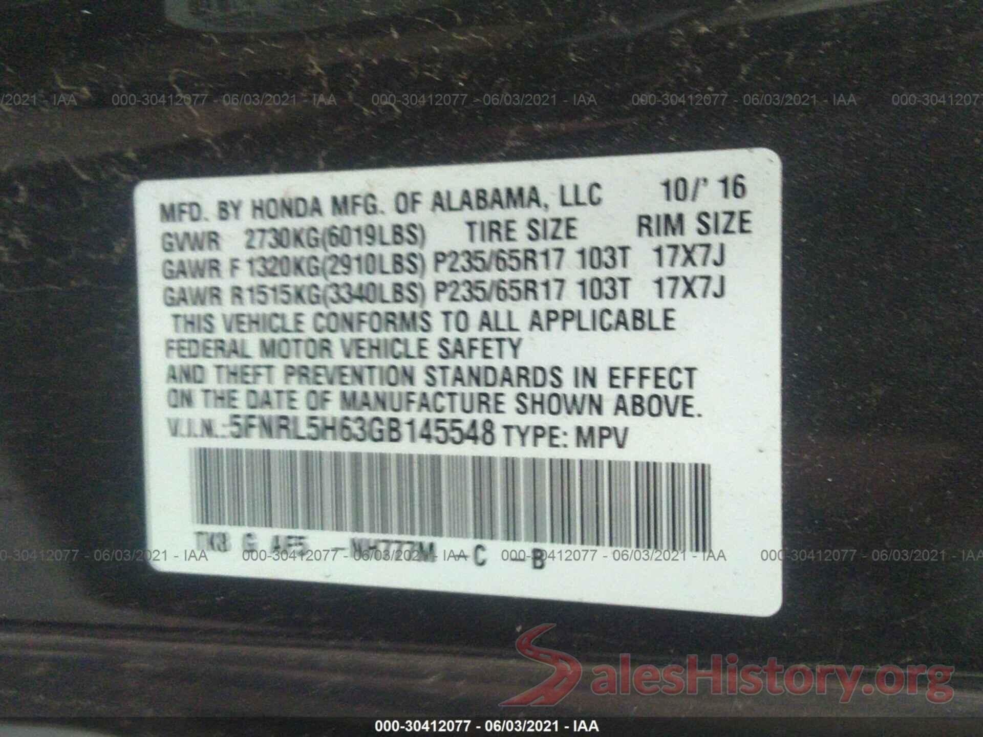 5FNRL5H63GB145548 2016 HONDA ODYSSEY