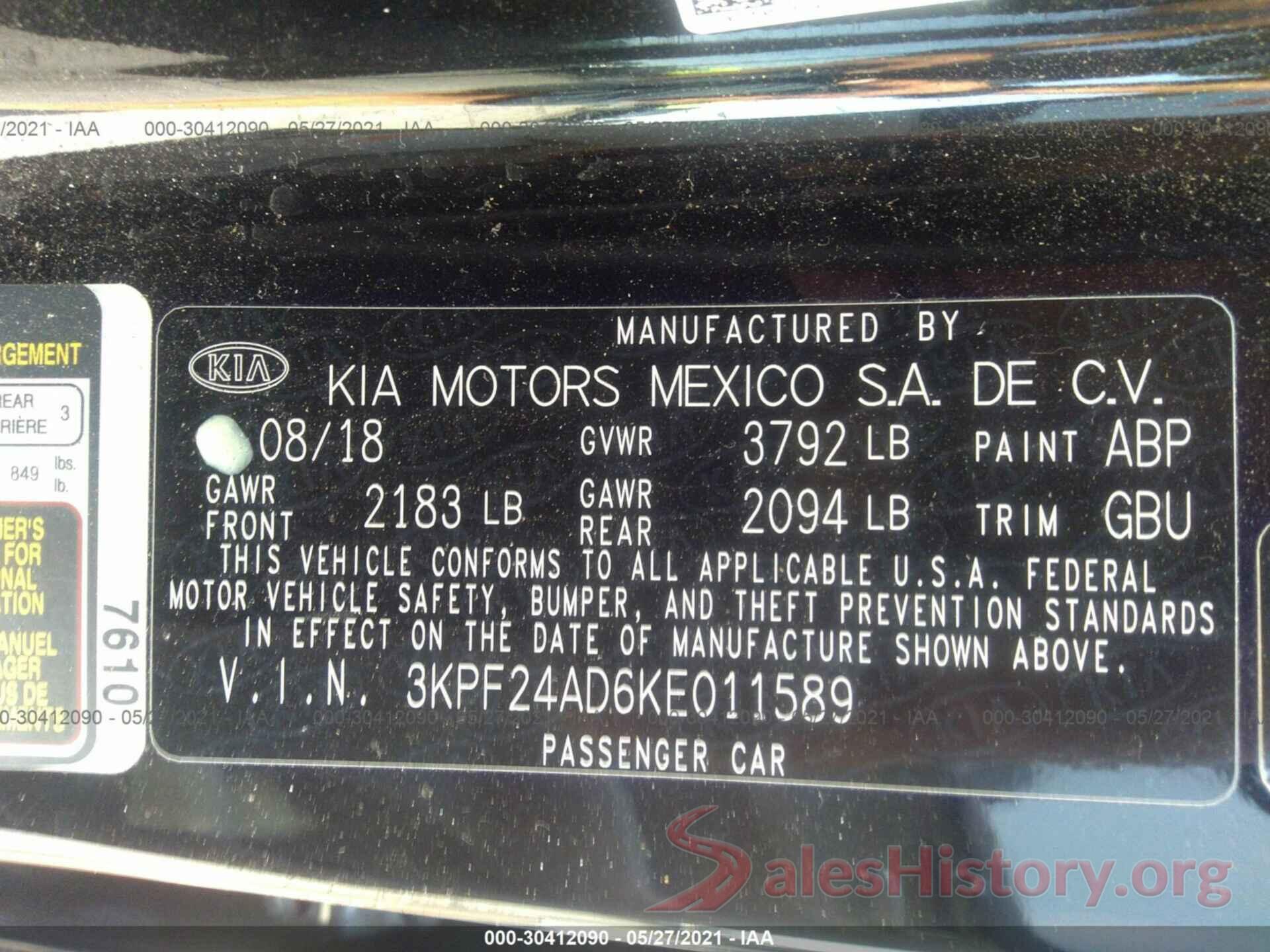 3KPF24AD6KE011589 2019 KIA FORTE