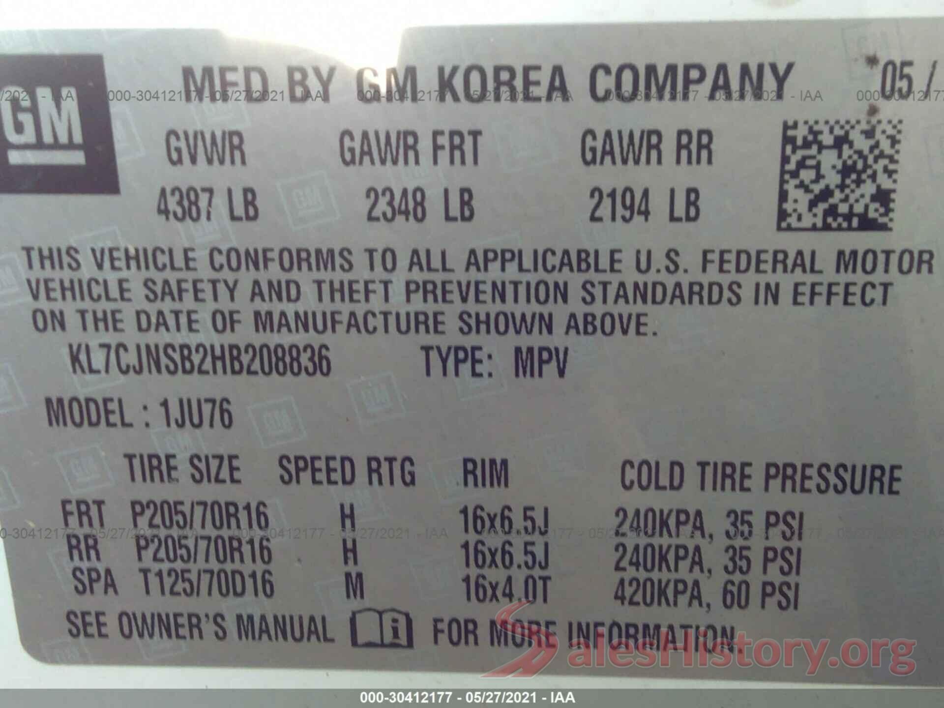 KL7CJNSB2HB208836 2017 CHEVROLET TRAX