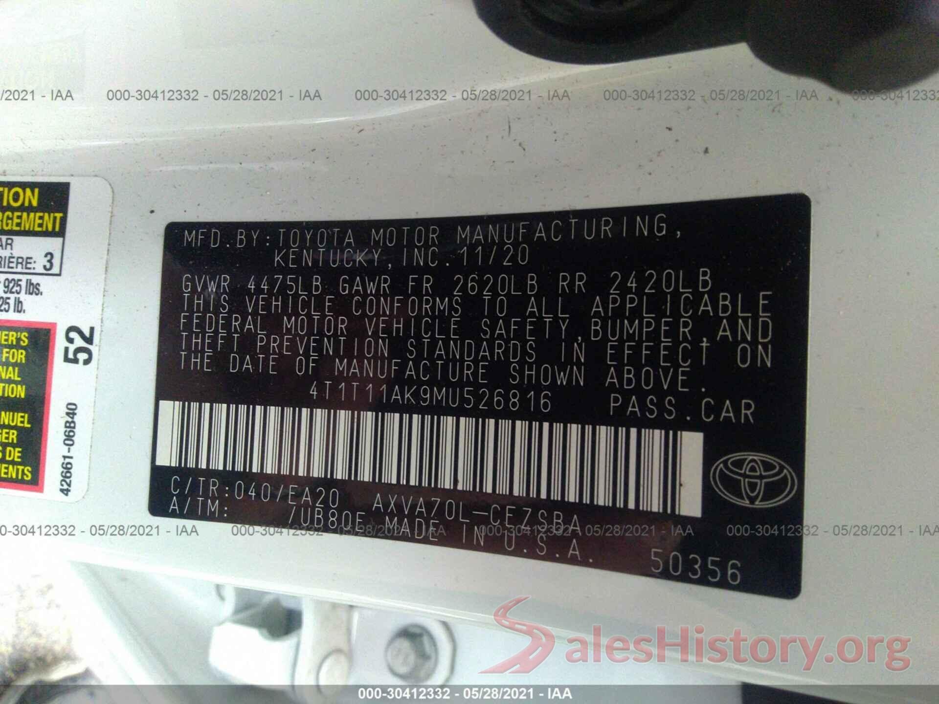 4T1T11AK9MU526816 2021 TOYOTA CAMRY