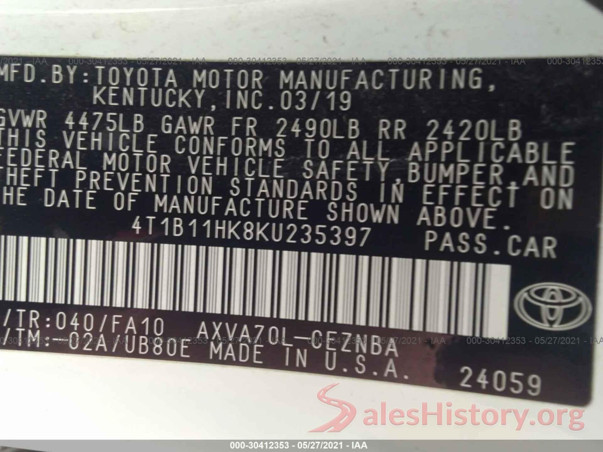 4T1B11HK8KU235397 2019 TOYOTA CAMRY