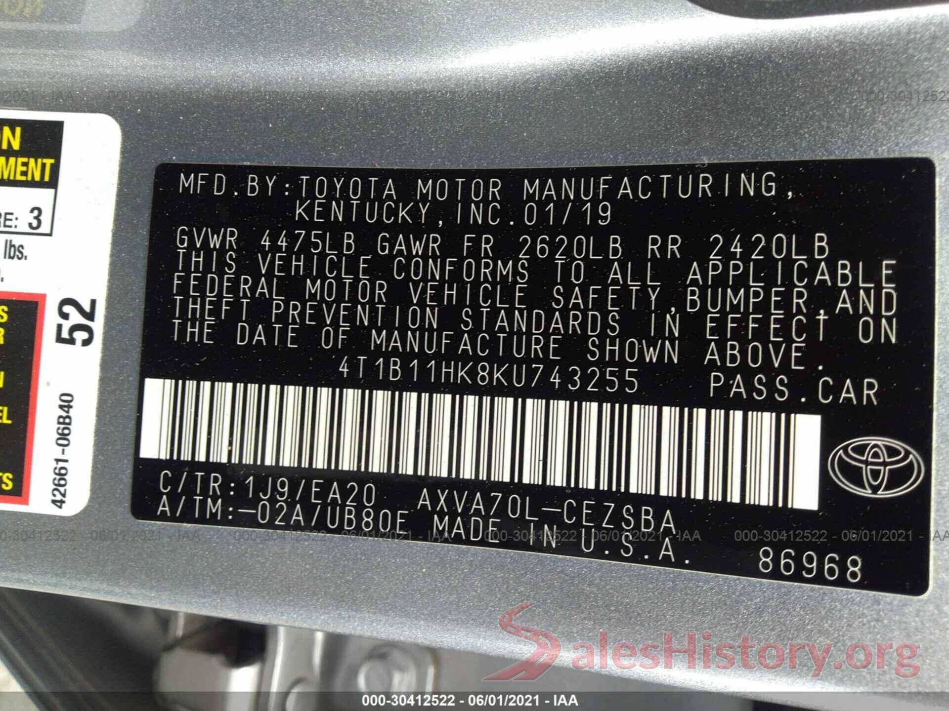 4T1B11HK8KU743255 2019 TOYOTA CAMRY