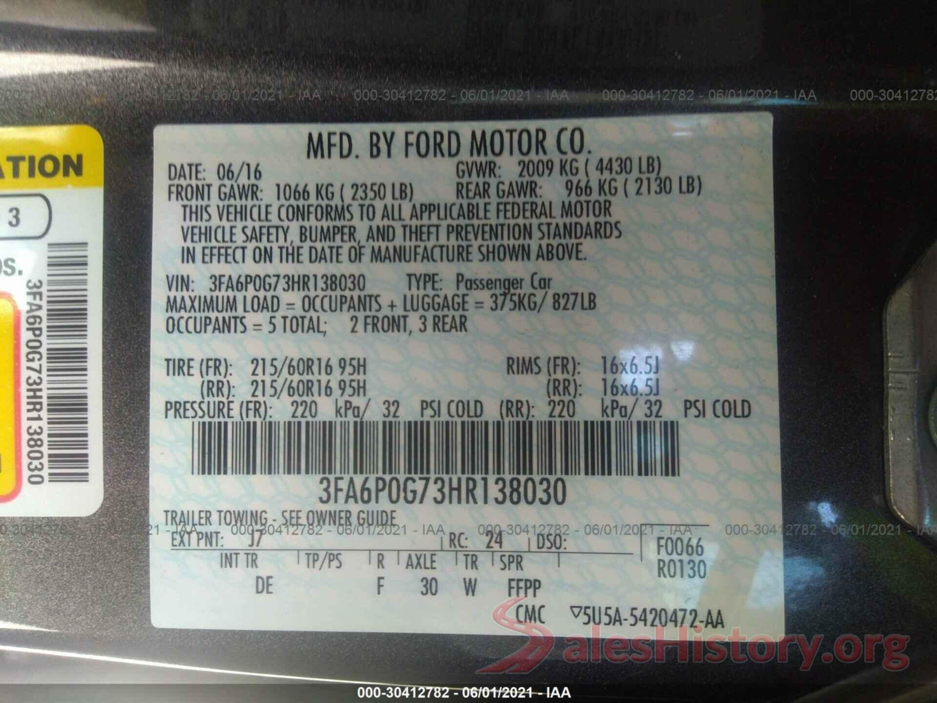 3FA6P0G73HR138030 2017 FORD FUSION