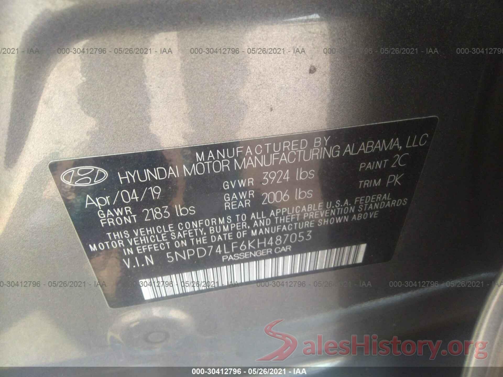 5NPD74LF6KH487053 2019 HYUNDAI ELANTRA