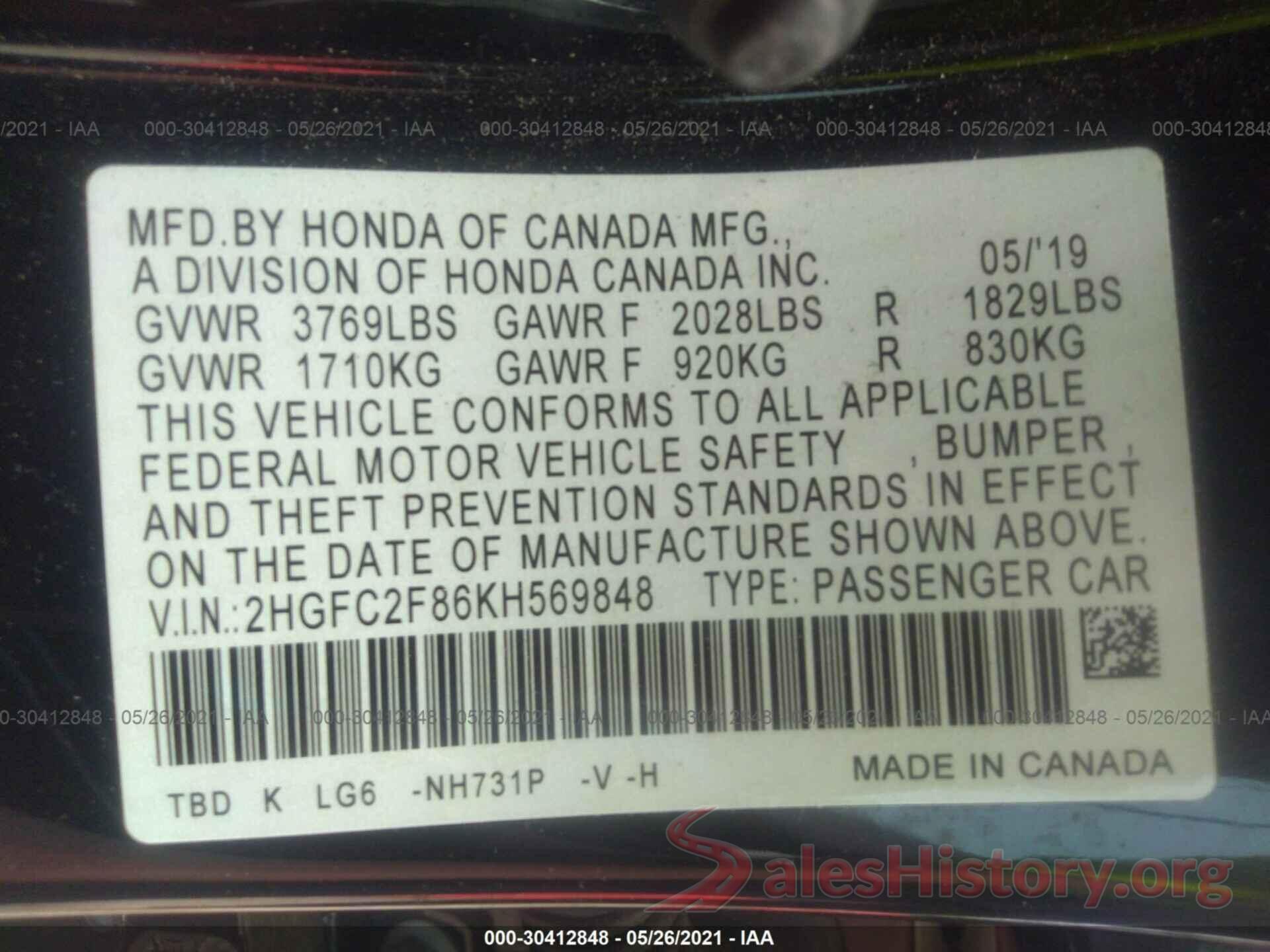 2HGFC2F86KH569848 2019 HONDA CIVIC SEDAN