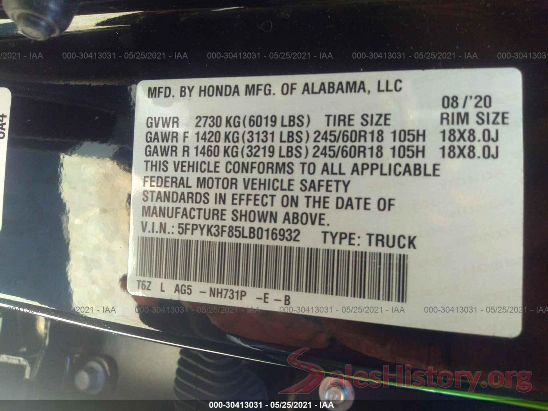 5FPYK3F85LB016932 2020 HONDA RIDGELINE