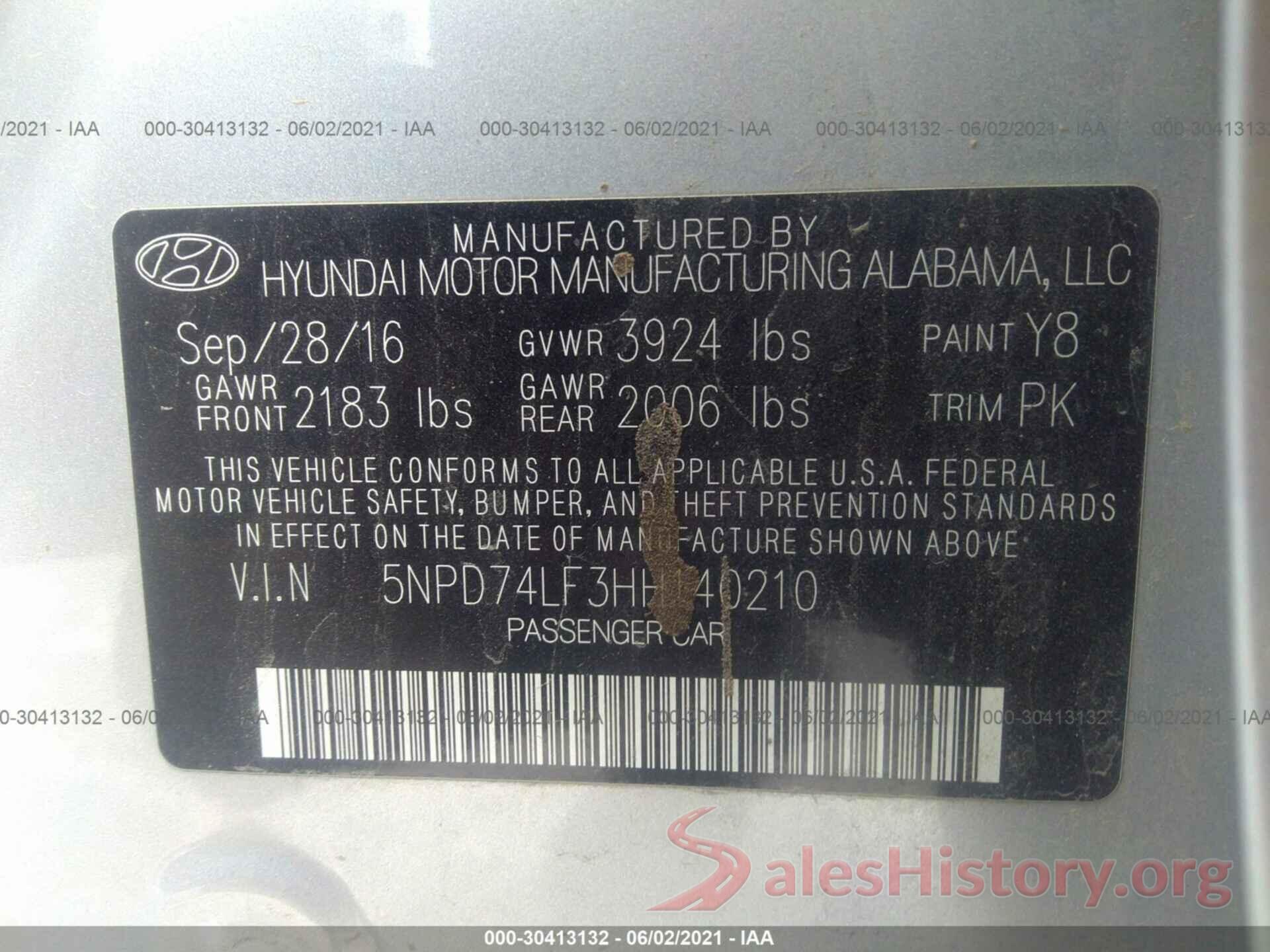 5NPD74LF3HH140210 2017 HYUNDAI ELANTRA