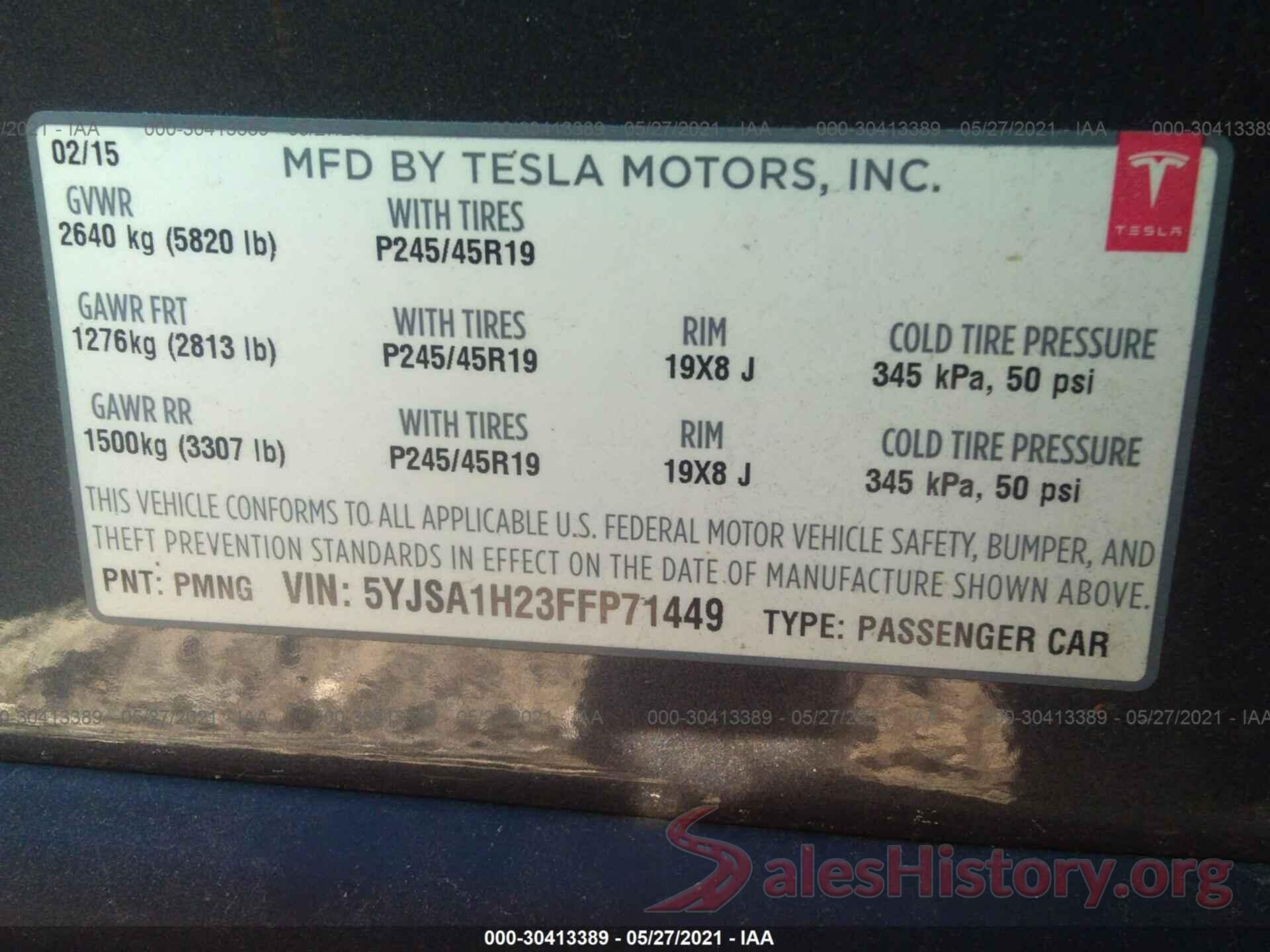 5YJSA1H23FFP71449 2015 TESLA MODEL S