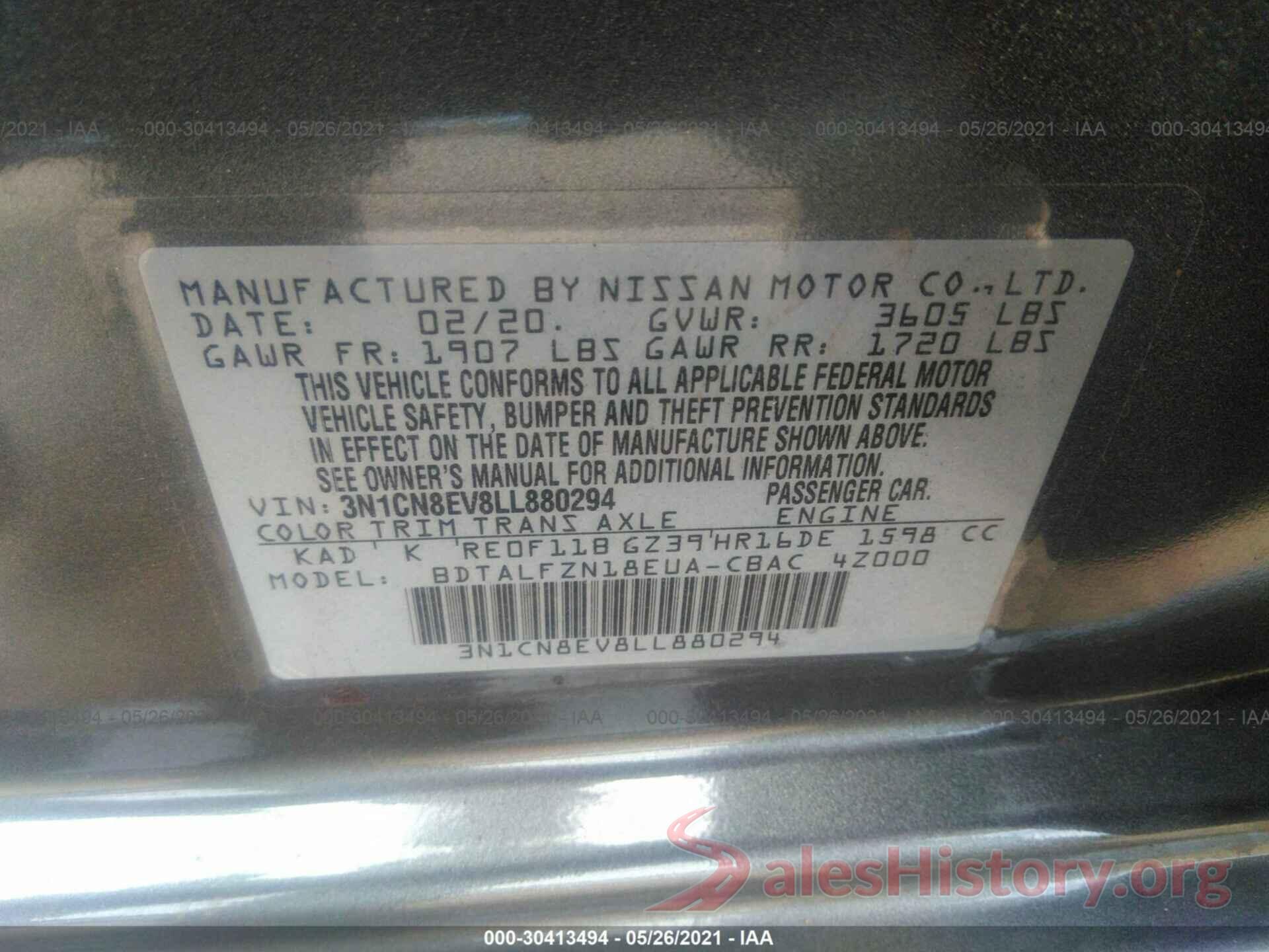 3N1CN8EV8LL880294 2020 NISSAN VERSA