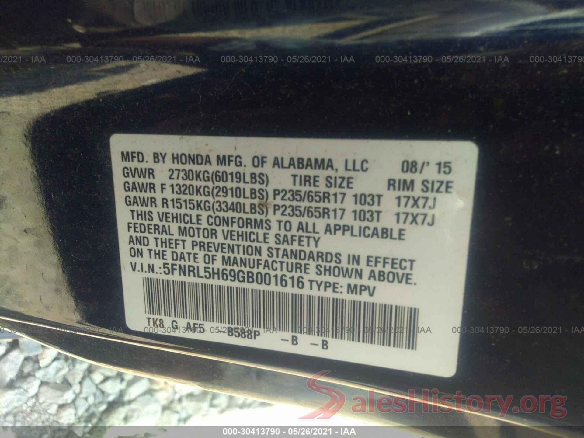 5FNRL5H69GB001616 2016 HONDA ODYSSEY