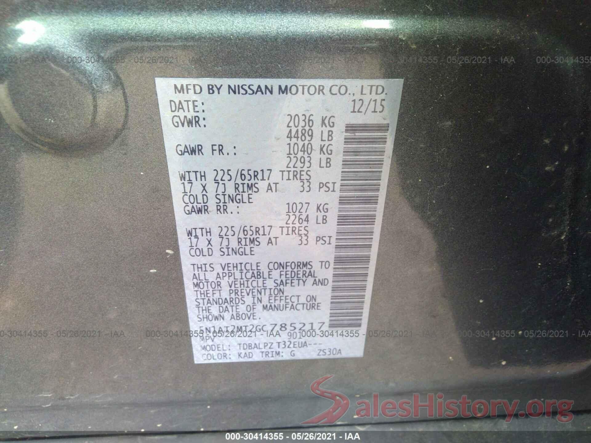 5N1AT2MT2GC785217 2016 NISSAN ROGUE