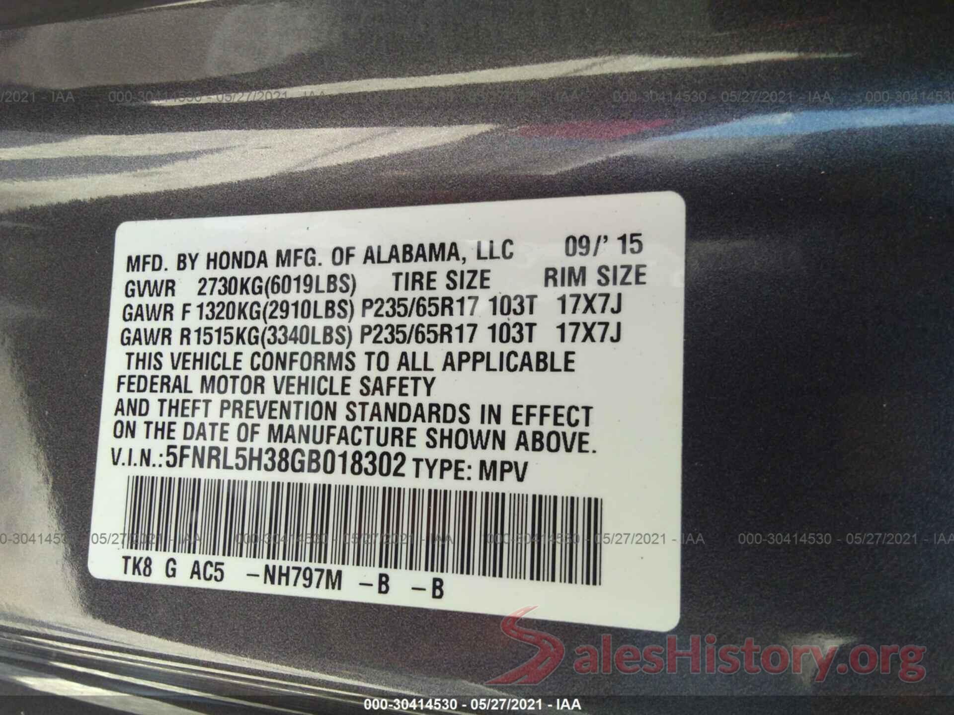 5FNRL5H38GB018302 2016 HONDA ODYSSEY