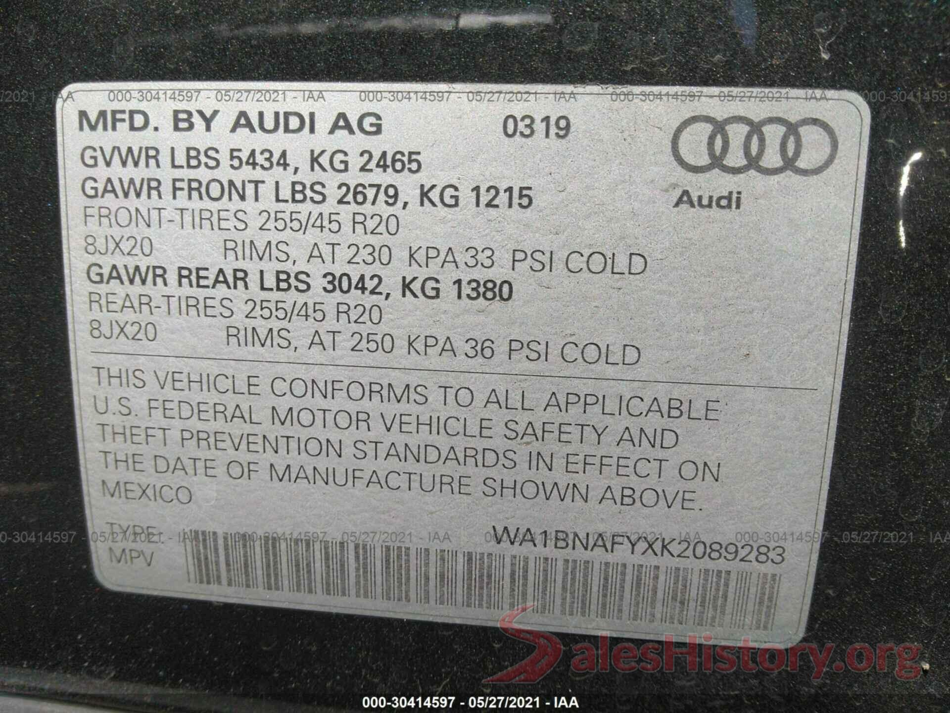 WA1BNAFYXK2089283 2019 AUDI Q5