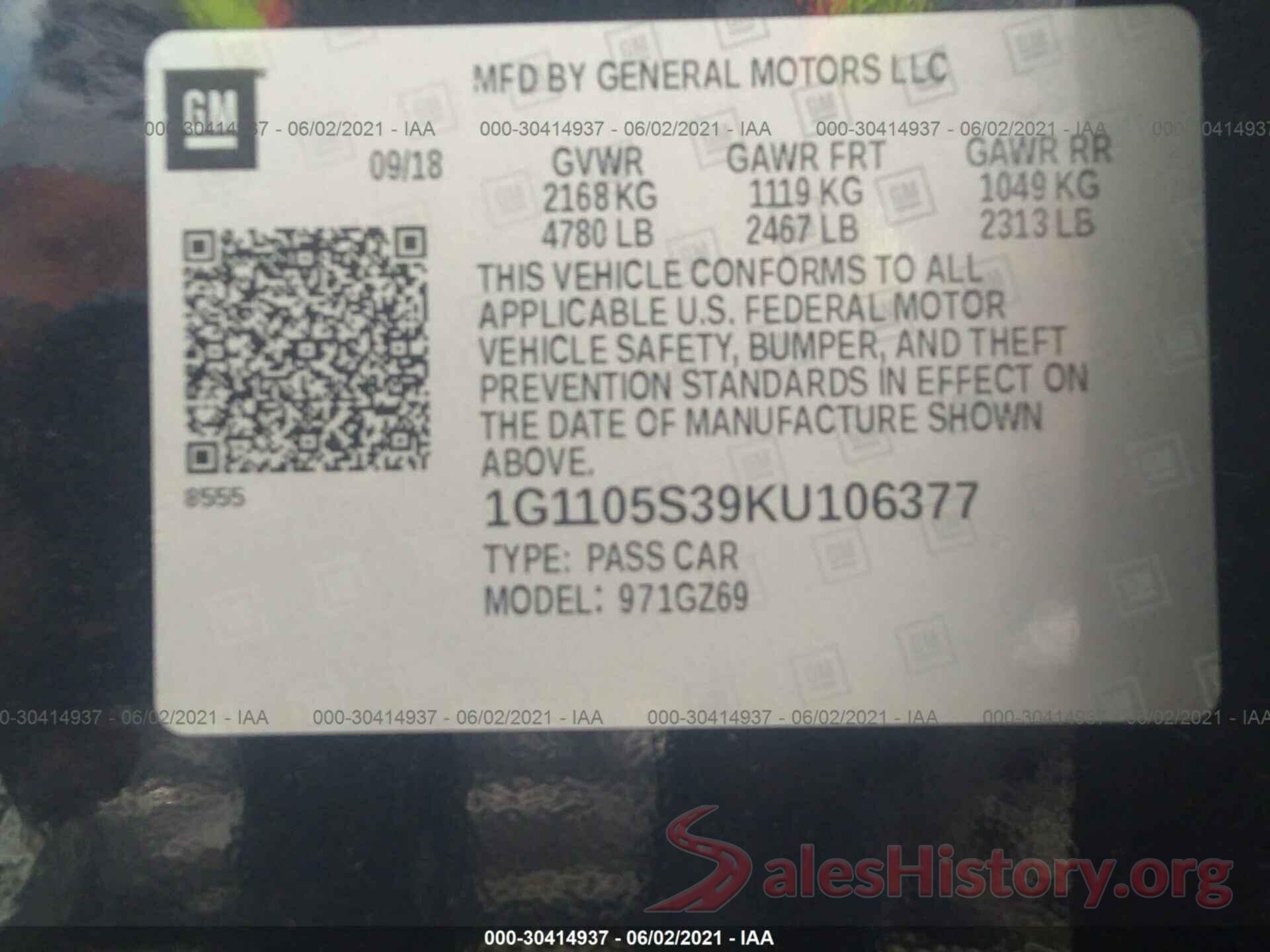 1G1105S39KU106377 2019 CHEVROLET IMPALA