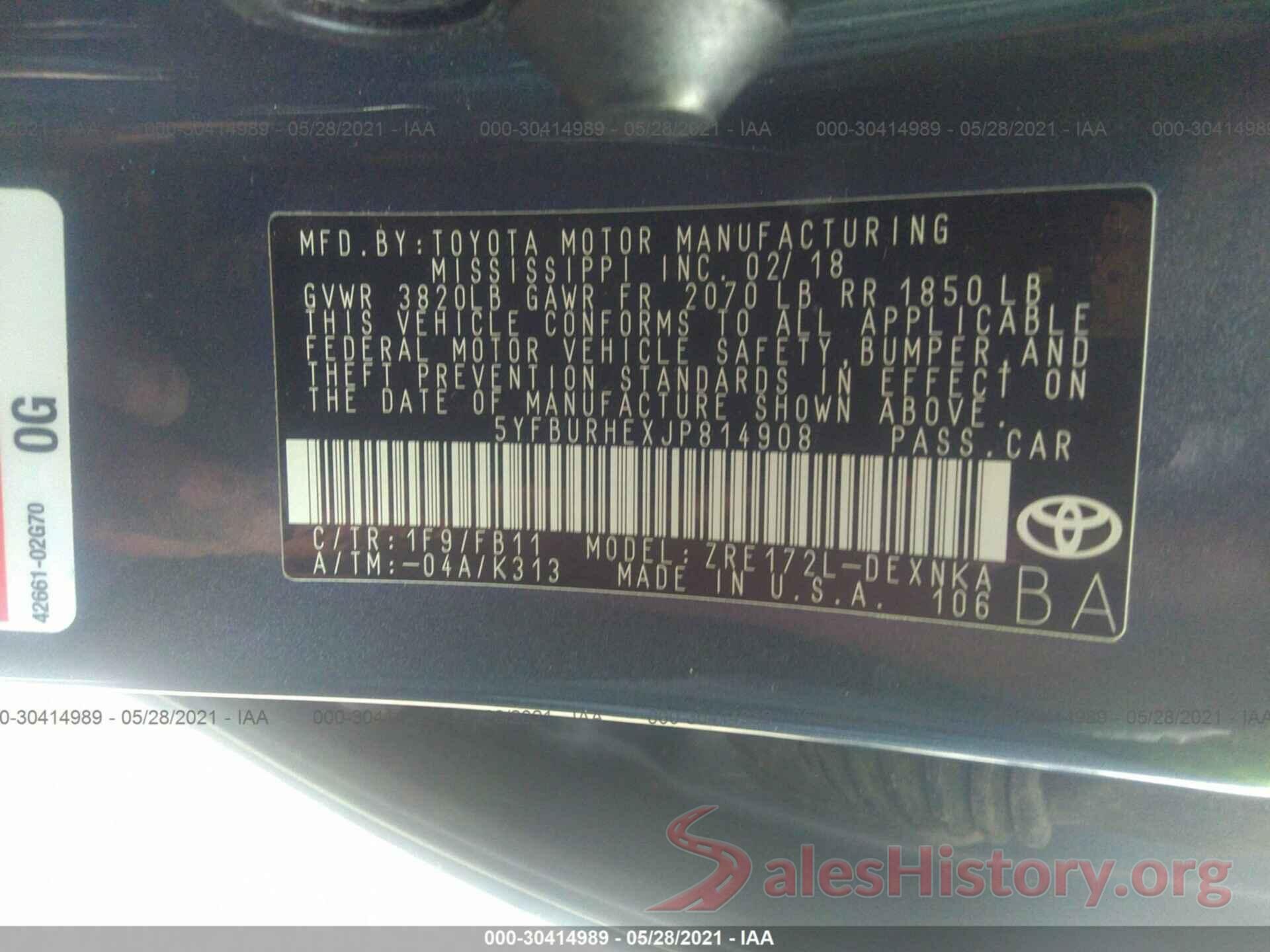 5YFBURHEXJP814908 2018 TOYOTA COROLLA