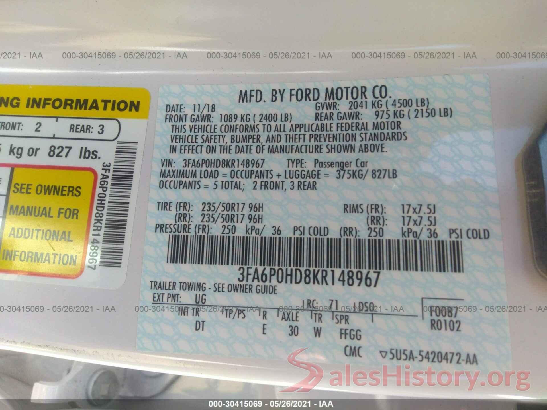 3FA6P0HD8KR148967 2019 FORD FUSION