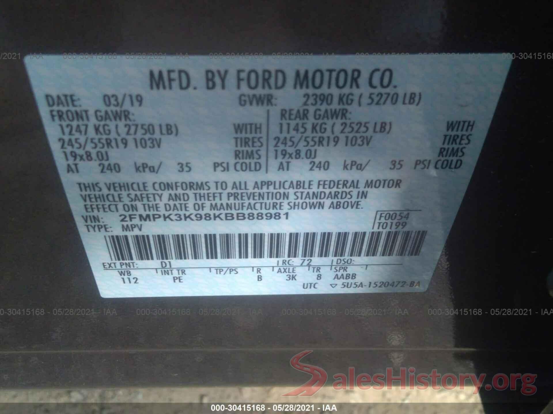 2FMPK3K98KBB88981 2019 FORD EDGE