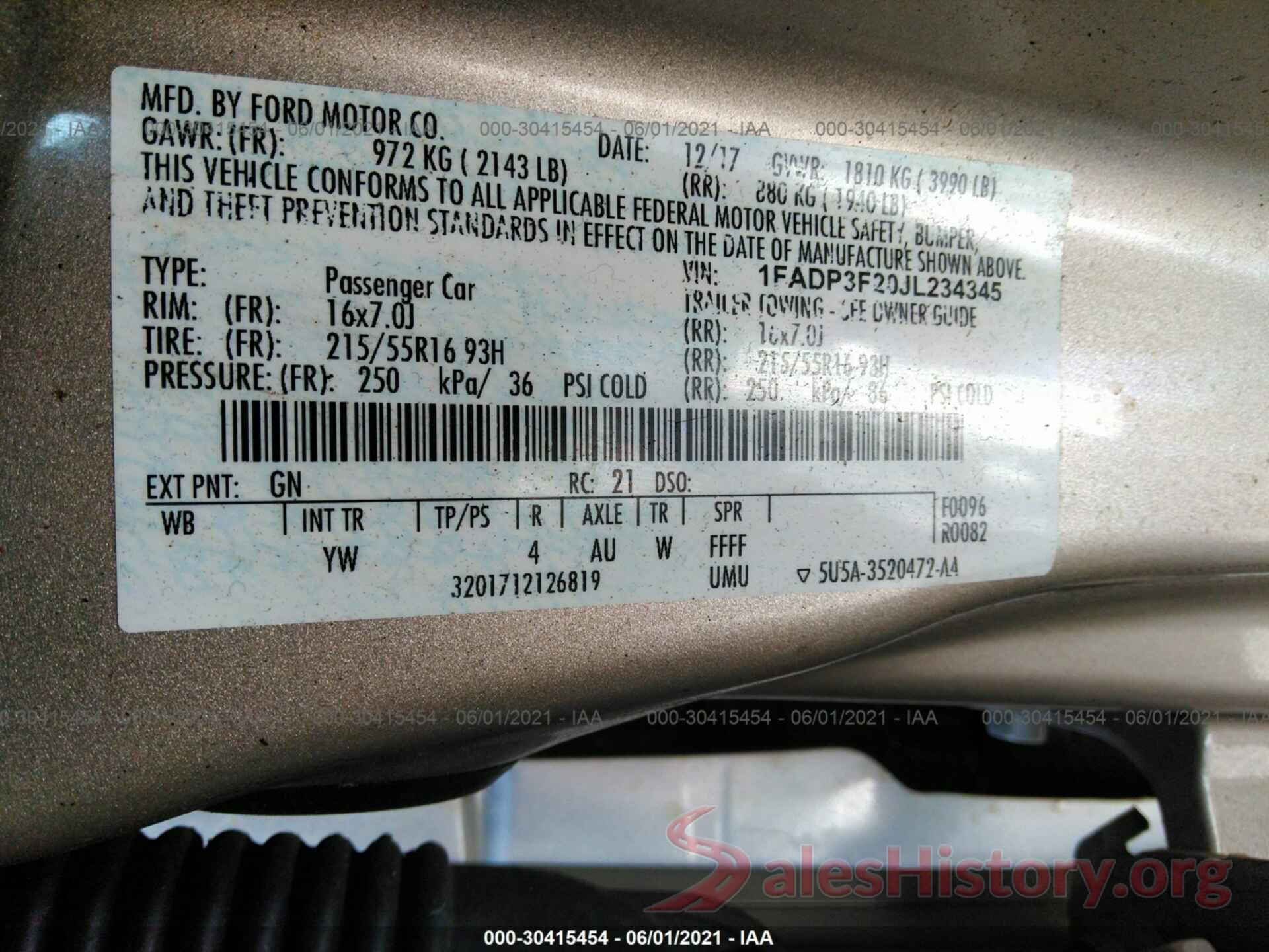 1FADP3F20JL234345 2018 FORD FOCUS