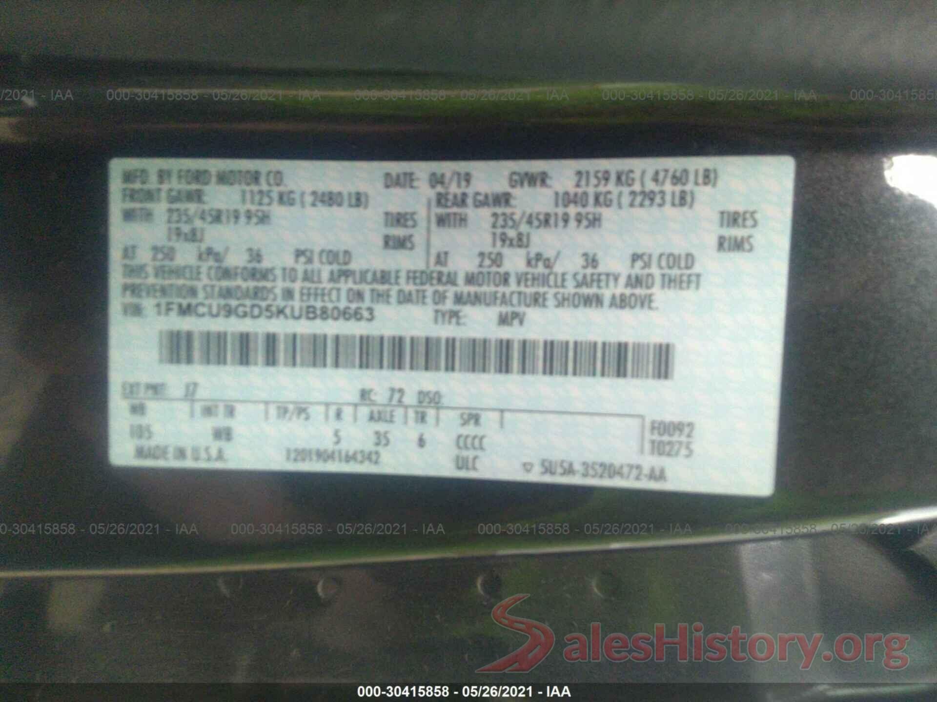 1FMCU9GD5KUB80663 2019 FORD ESCAPE