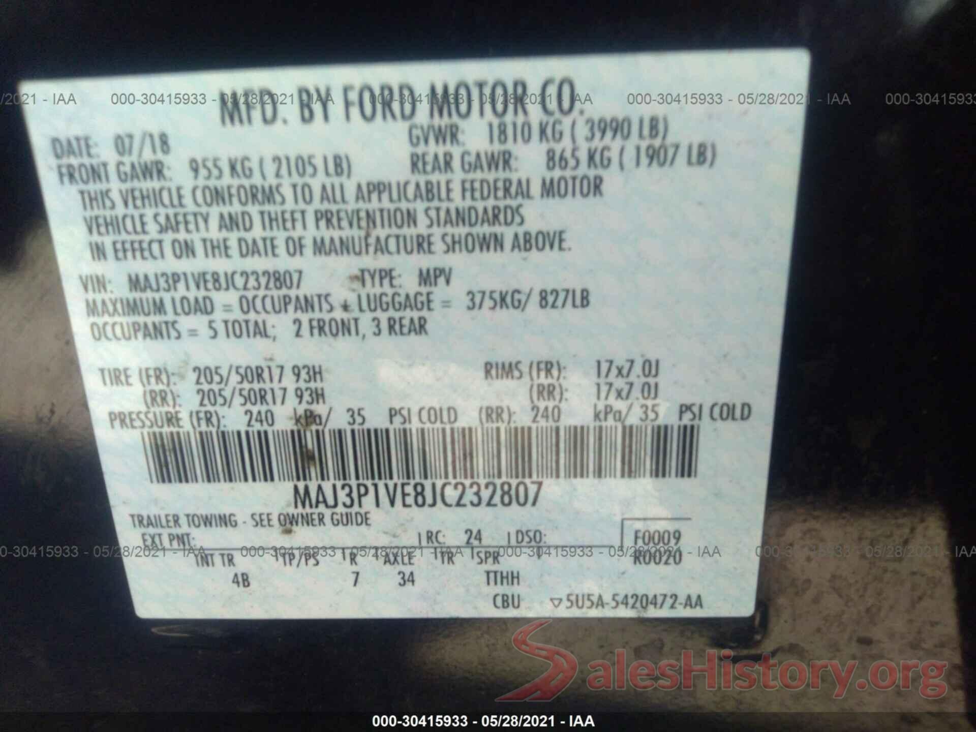 MAJ3P1VE8JC232807 2018 FORD ECOSPORT