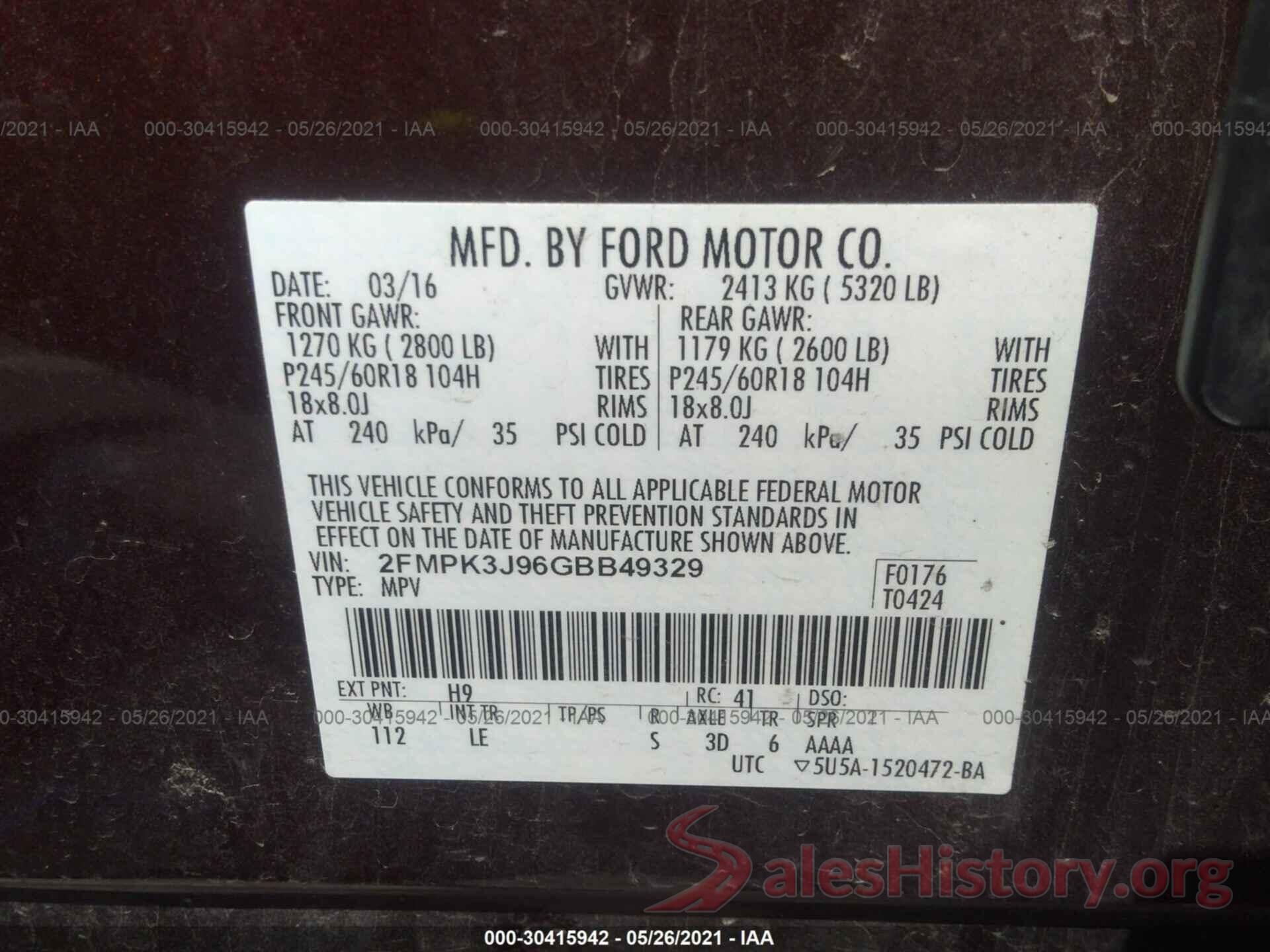 2FMPK3J96GBB49329 2016 FORD EDGE