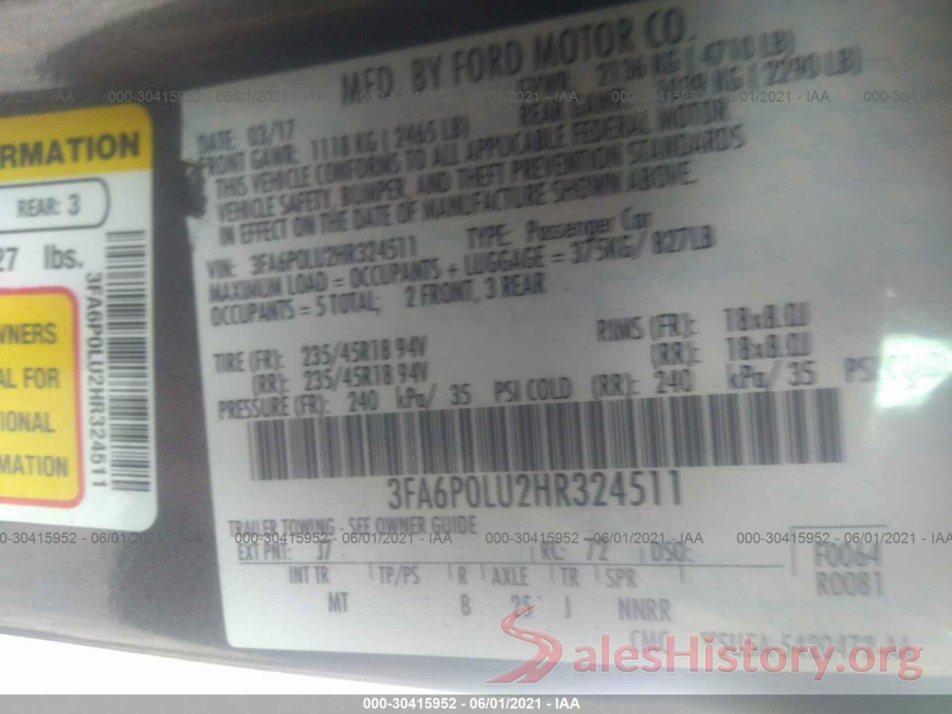 3FA6P0LU2HR324511 2017 FORD FUSION