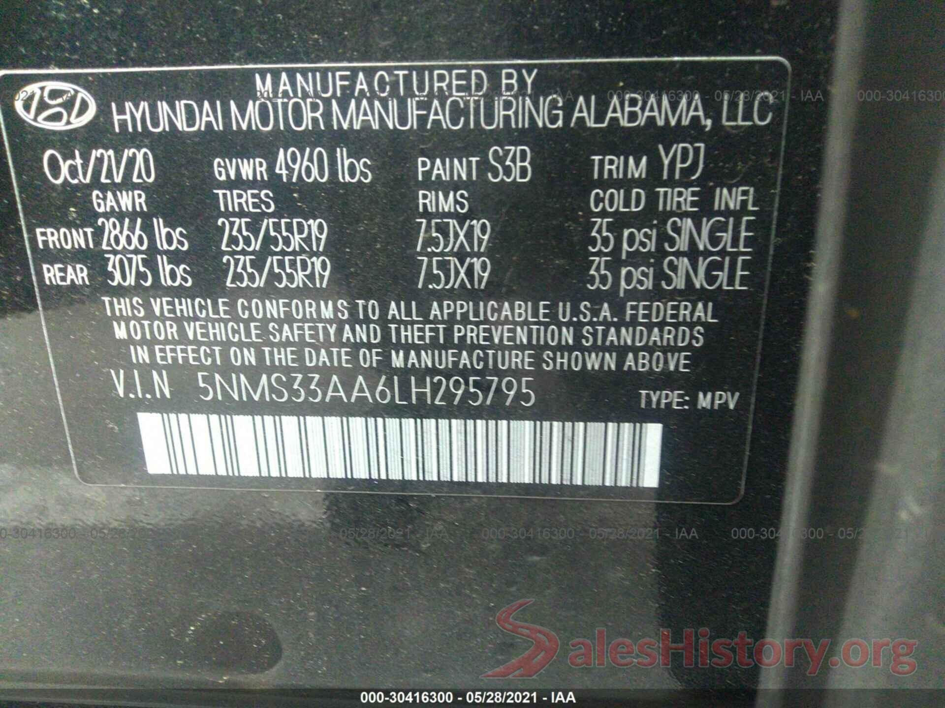 5NMS33AA6LH295795 2020 HYUNDAI SANTA FE