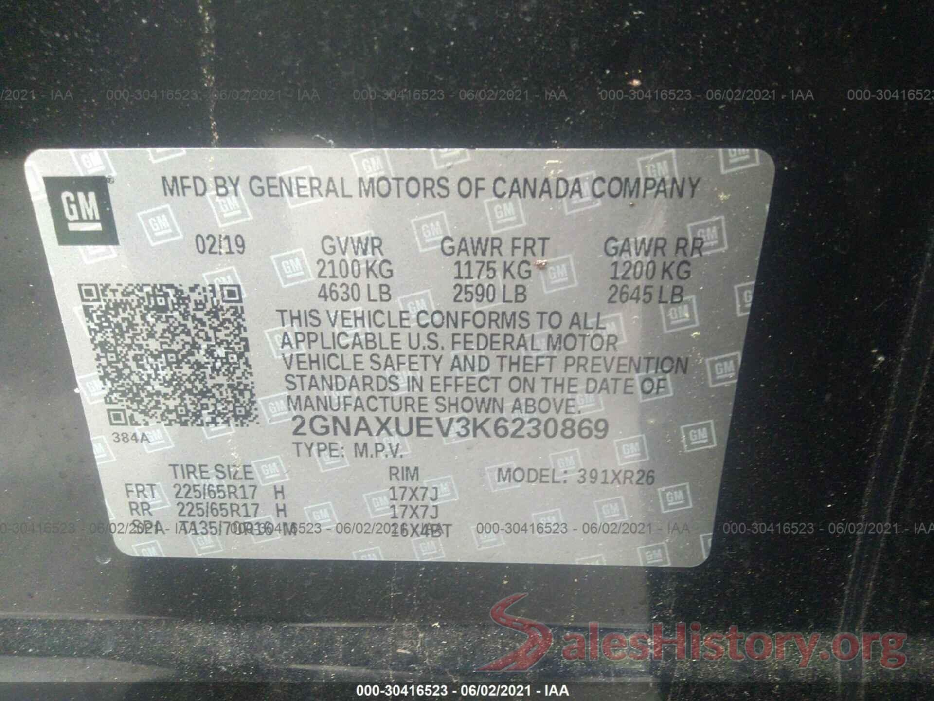 2GNAXUEV3K6230869 2019 CHEVROLET EQUINOX