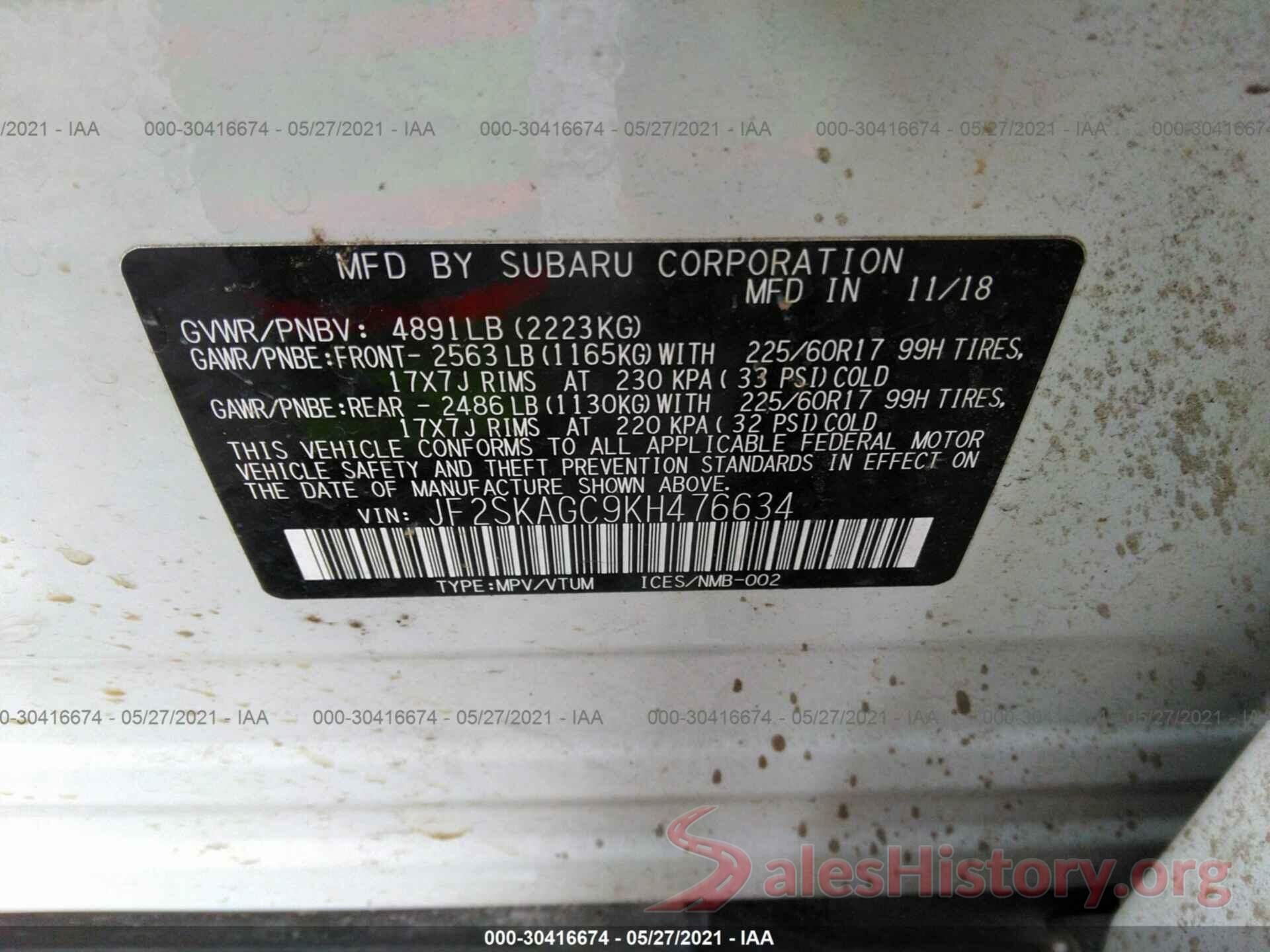 JF2SKAGC9KH476634 2019 SUBARU FORESTER