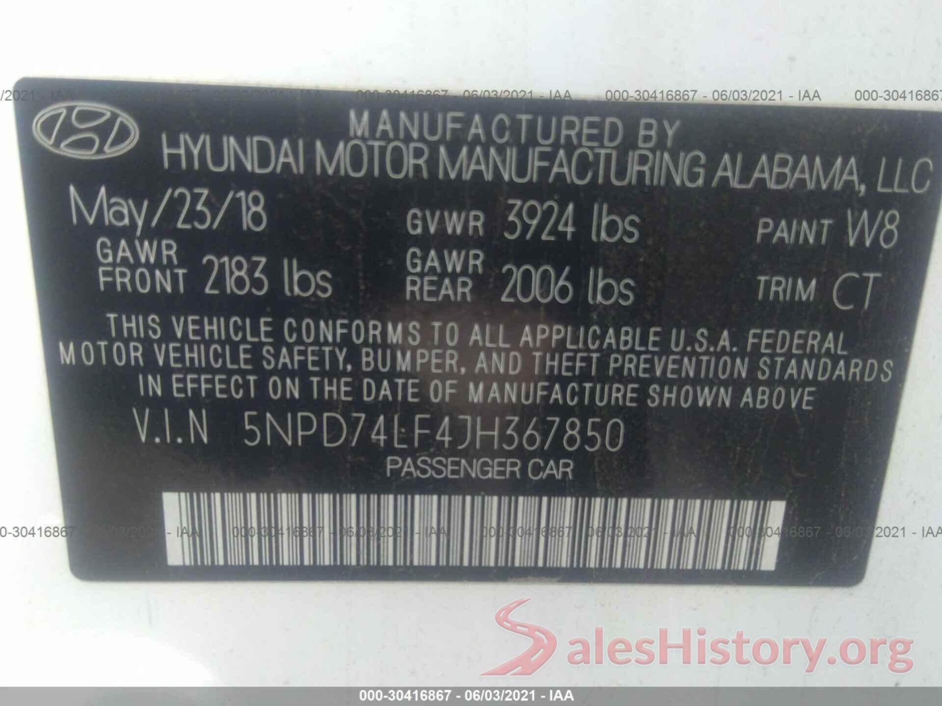 5NPD74LF4JH367850 2018 HYUNDAI ELANTRA